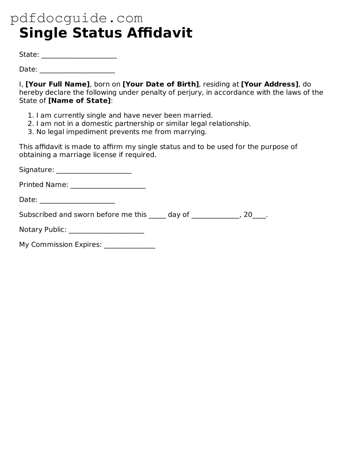 Attorney-Verified Single Status Affidavit Template