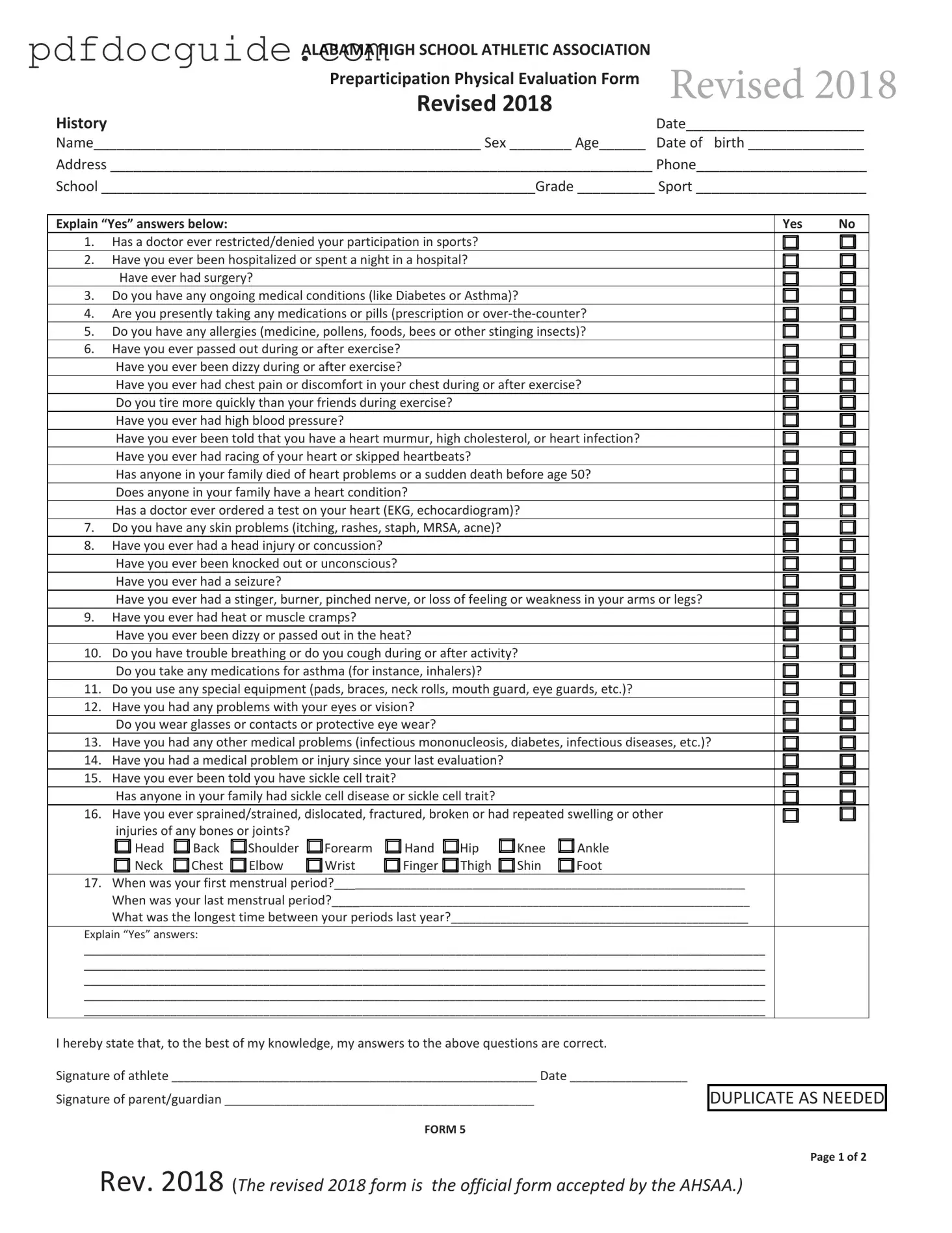 Alabama High School Physical Form