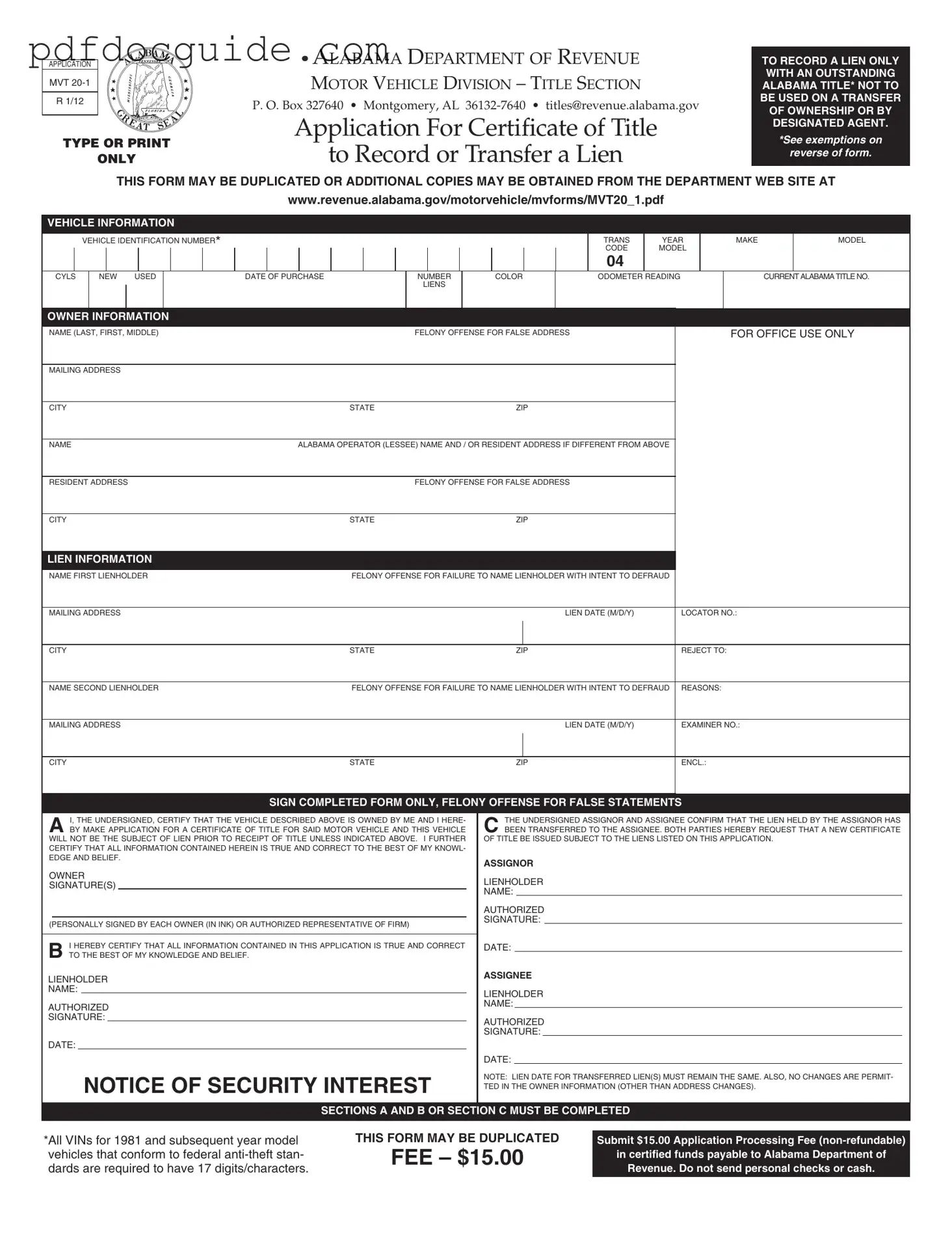 Alabama Mvt 20 1 Form
