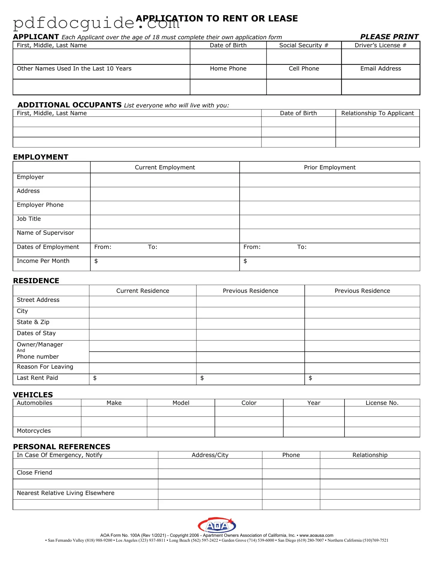 Aoa 100A Form