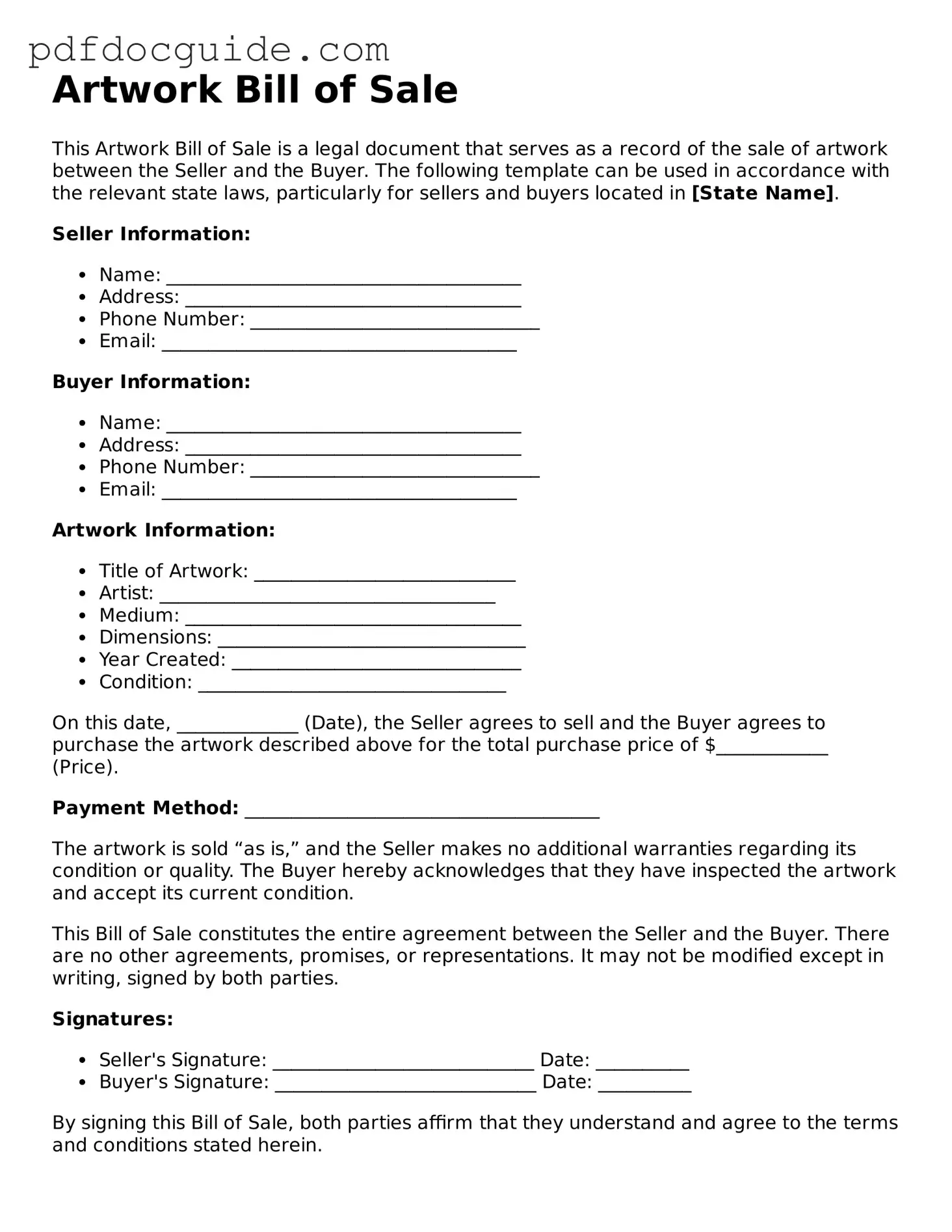 Attorney-Verified Artwork Bill of Sale Template