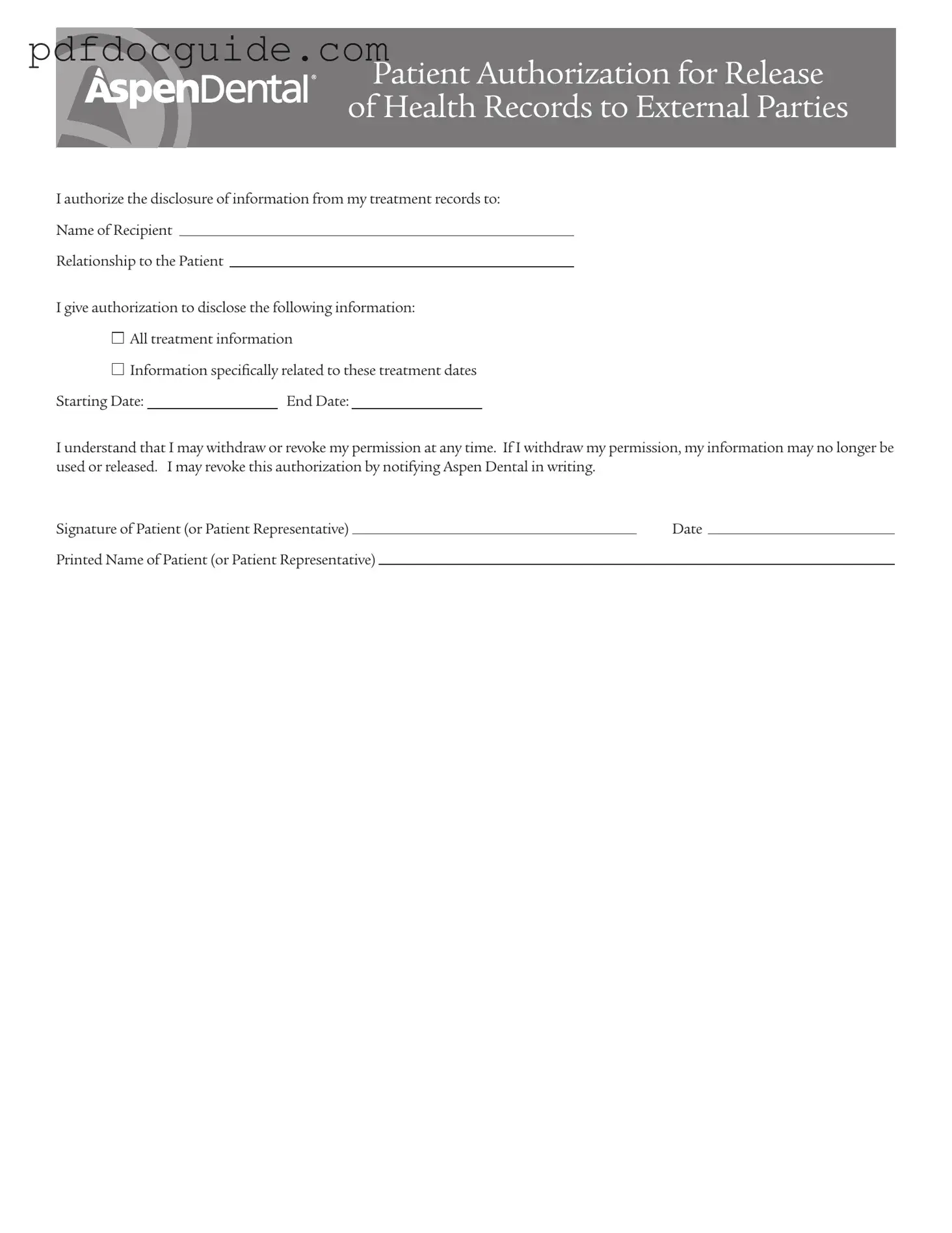 Aspen Dental Health Information Release Form