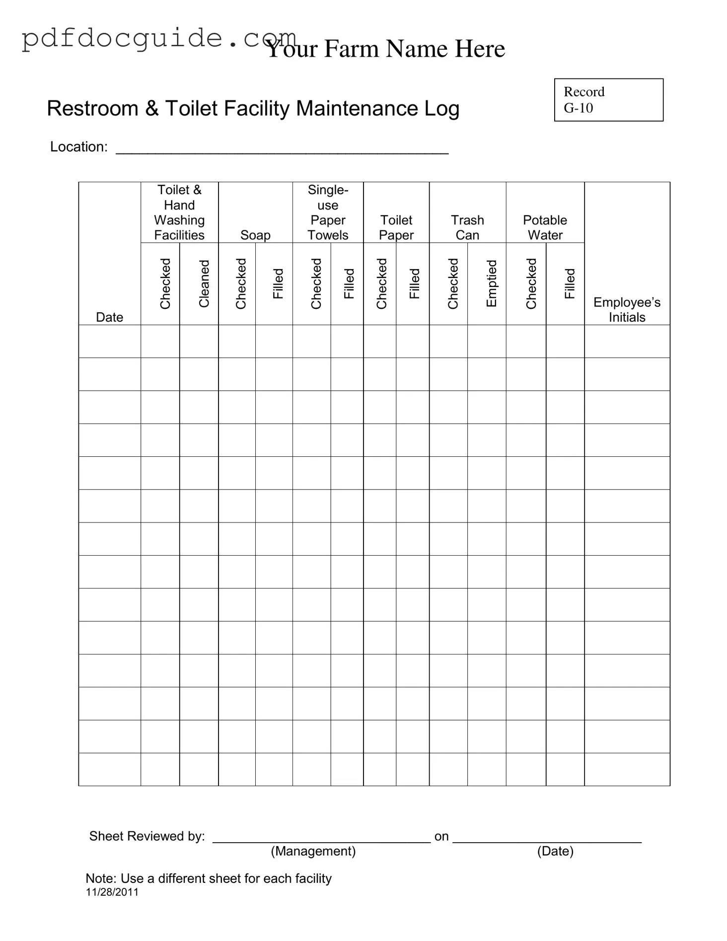 Bathroom Cleaning Log Sheet Form