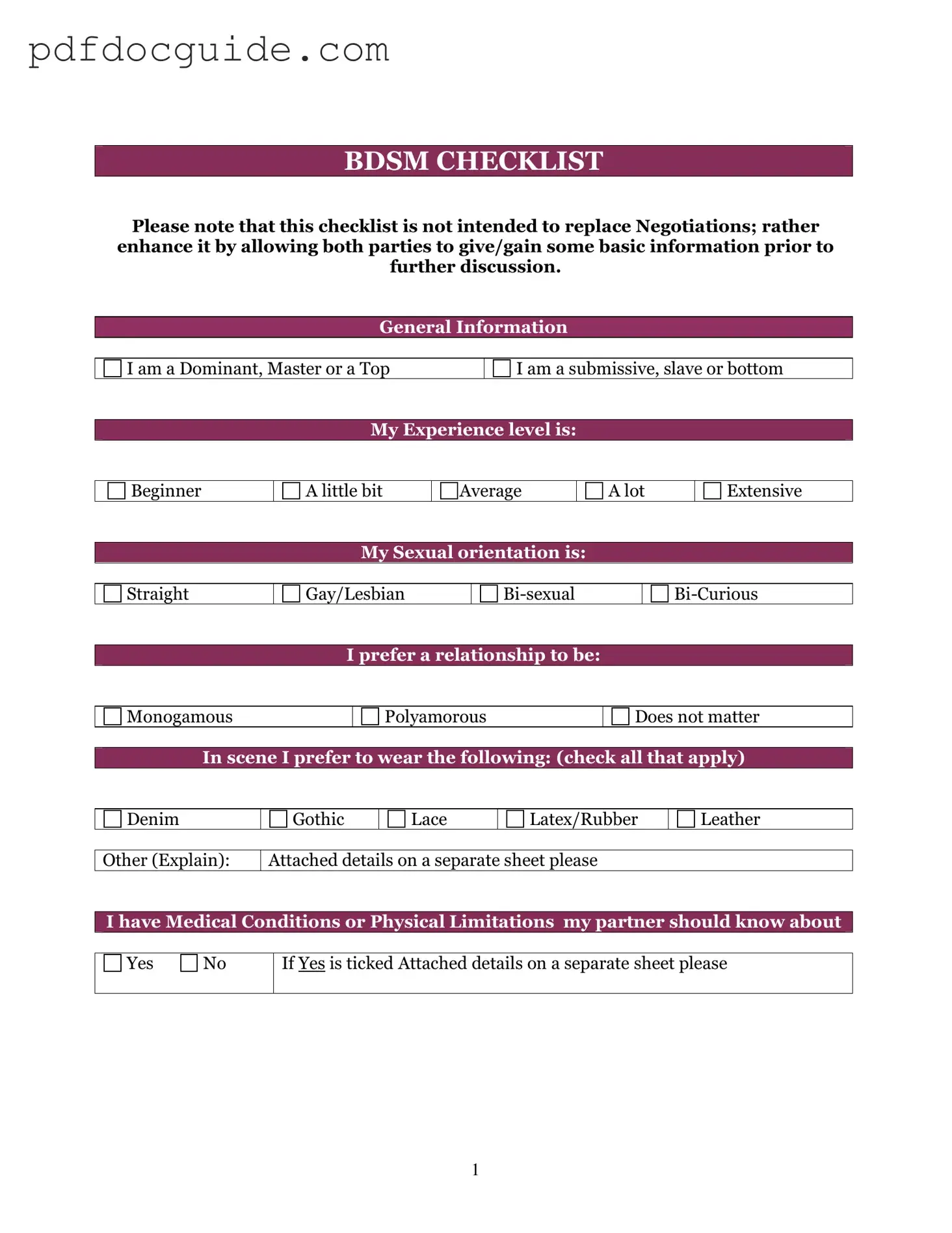 Bdsm Checklist Form