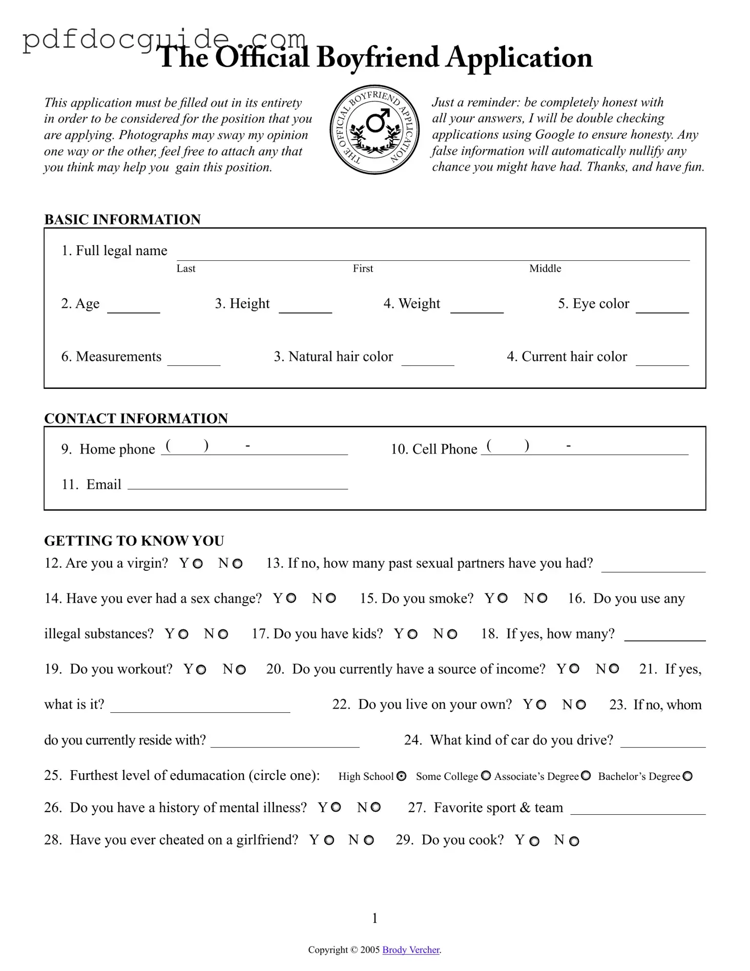 Boyfriend application form Form