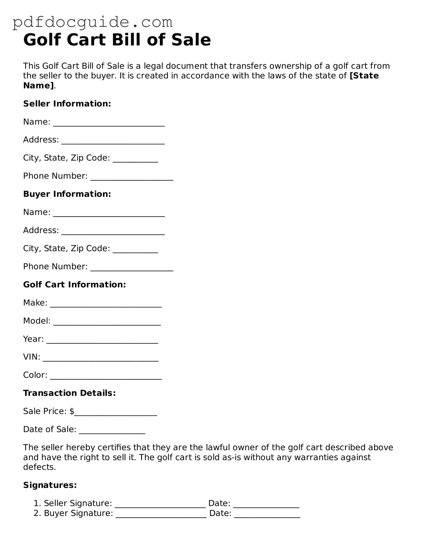 Attorney-Verified Golf Cart Bill of Sale Template