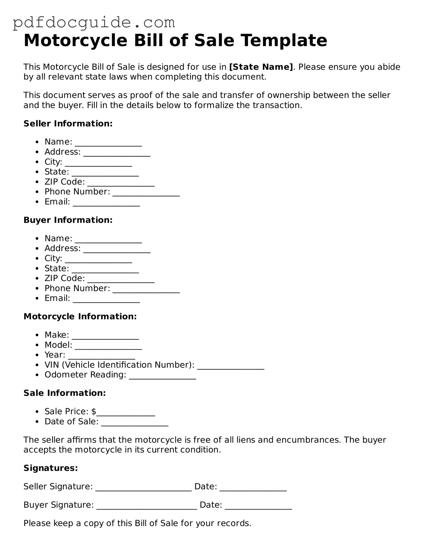 Attorney-Verified Motorcycle Bill of Sale Template