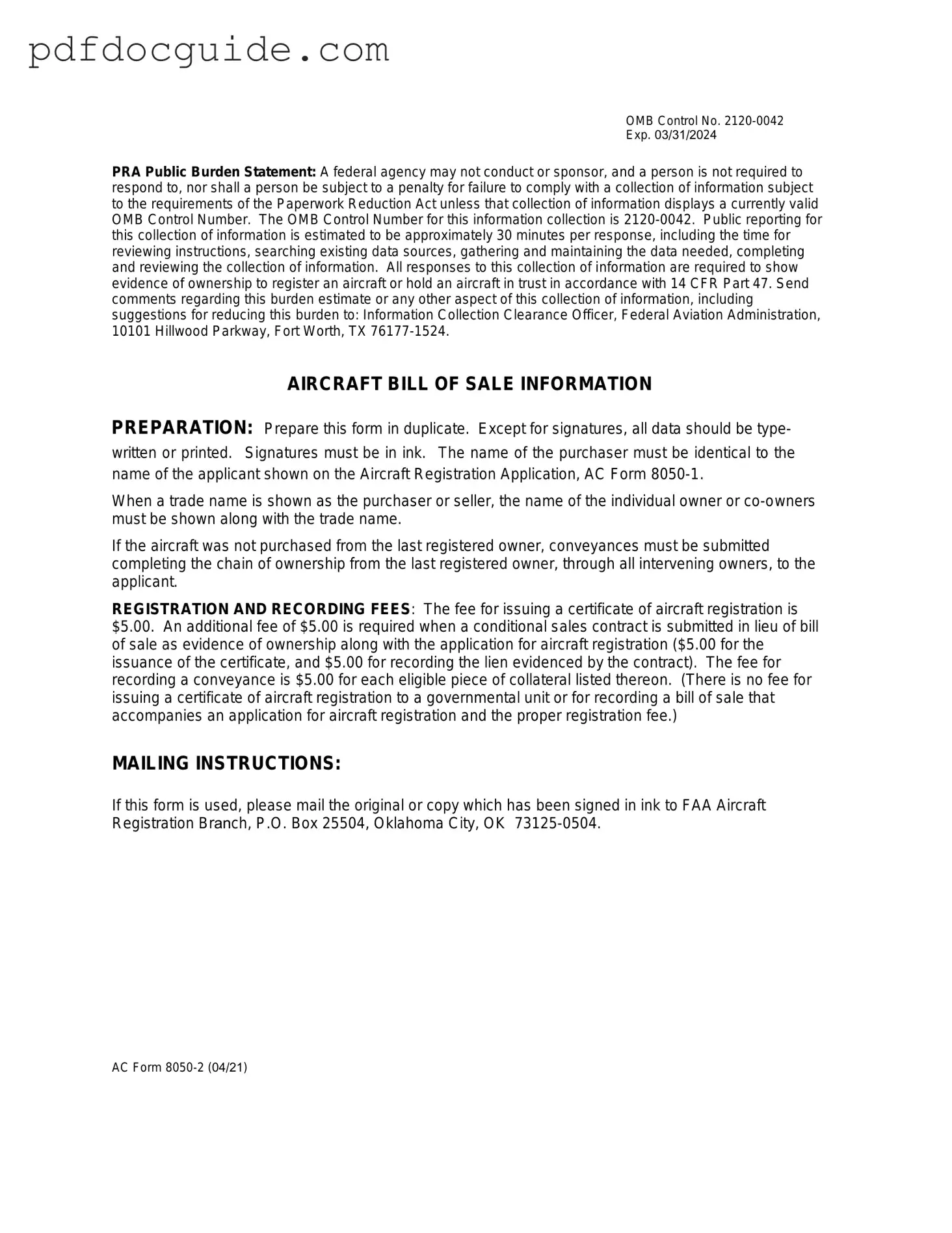 Aircraft Bill of Sale AC 8050-2 Form