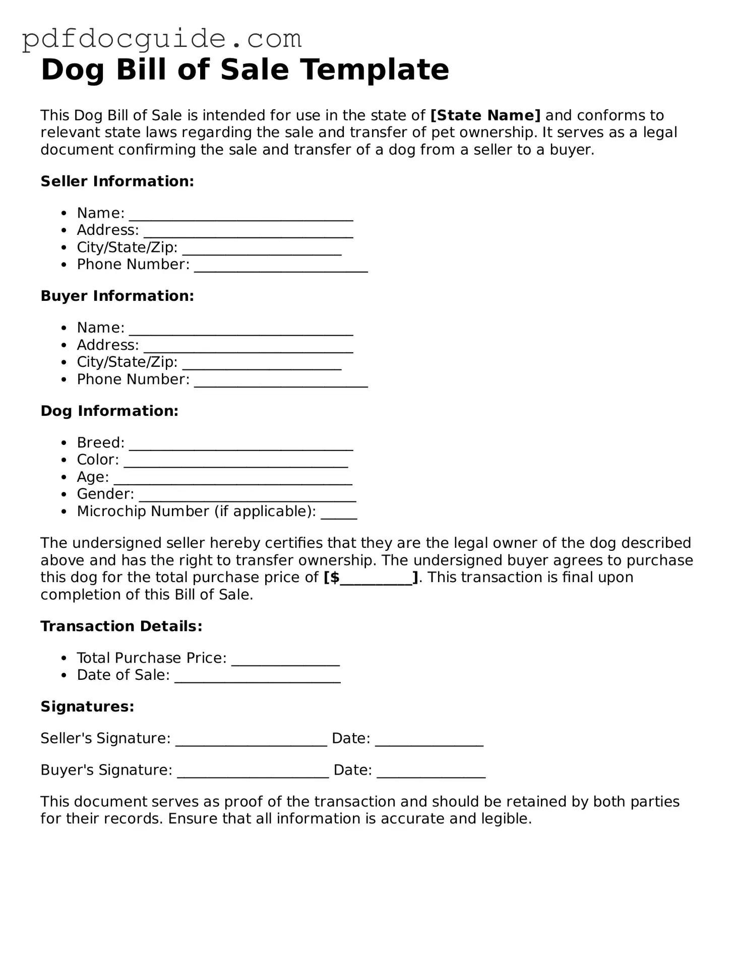 Attorney-Verified Dog Bill of Sale Template