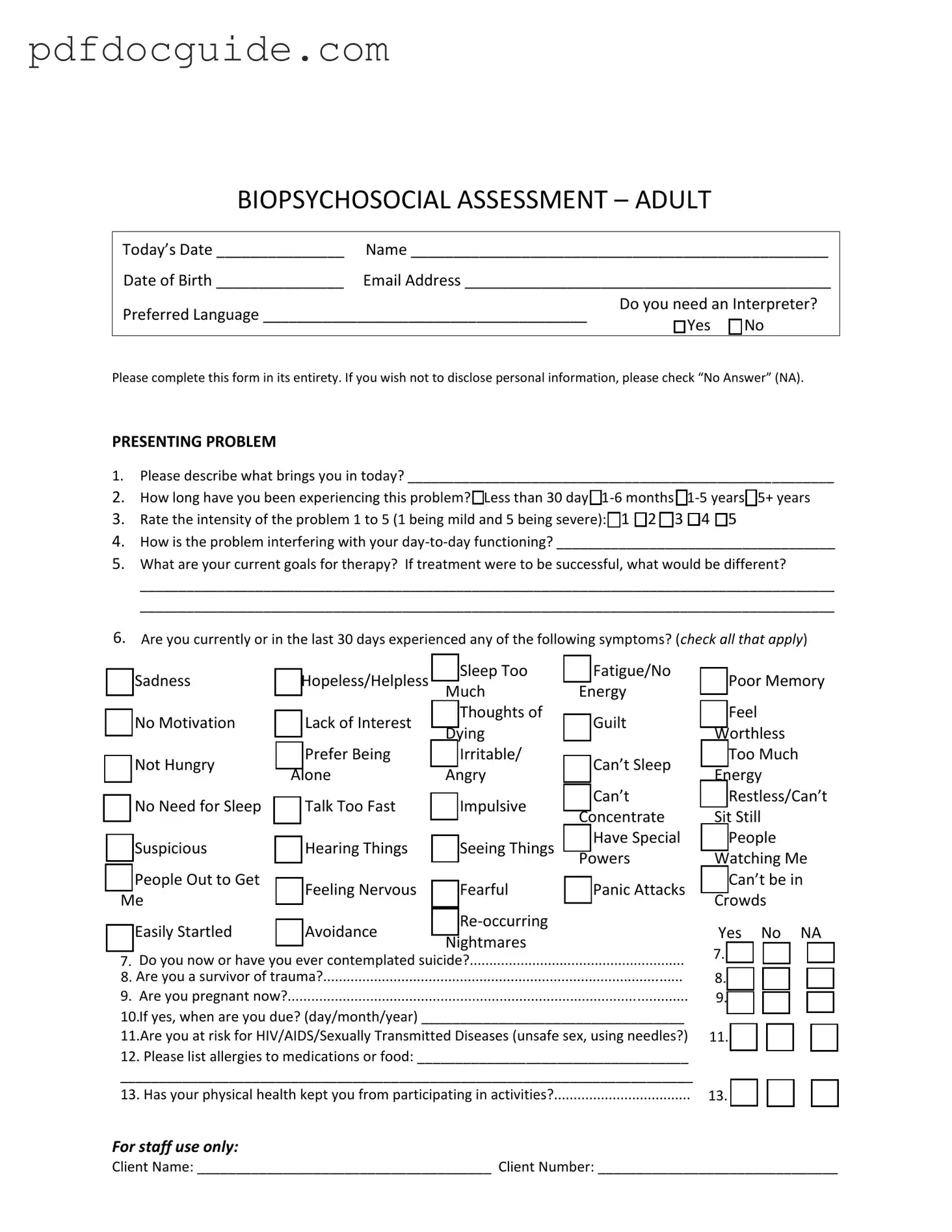 Biopsychosocial Assessment Social Work Form