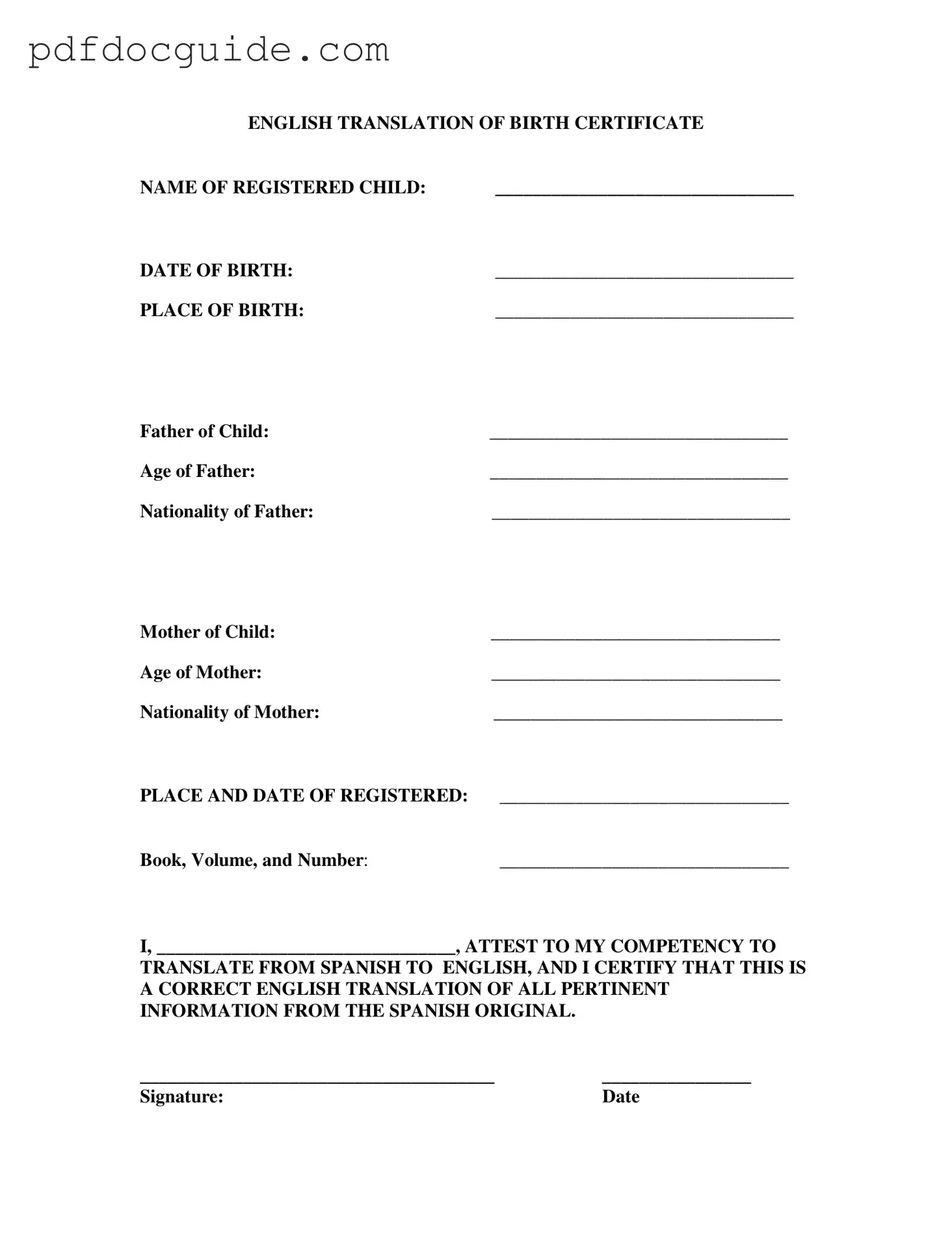 Birth Certificate Translation To English Form