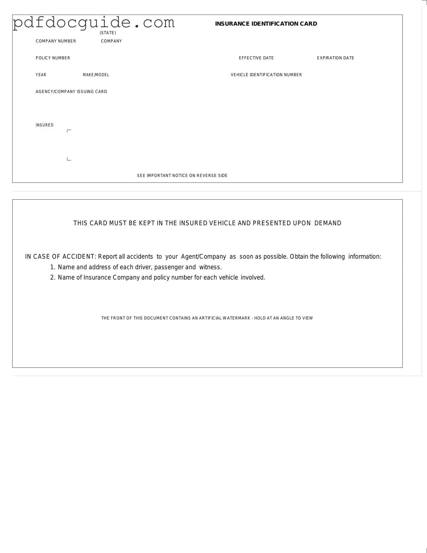 Auto Insurance Card Form