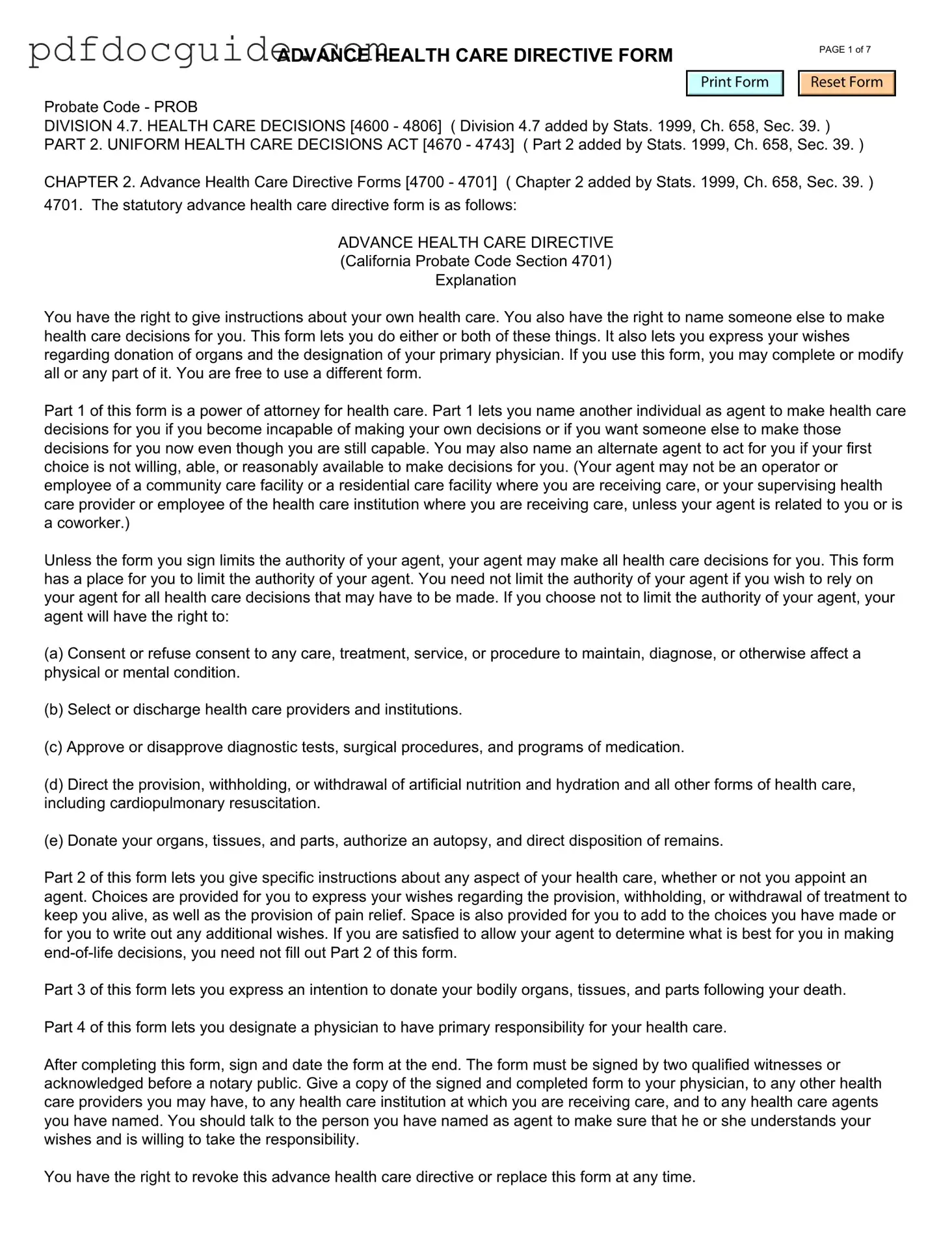 California Advanced Health Care Directive Form