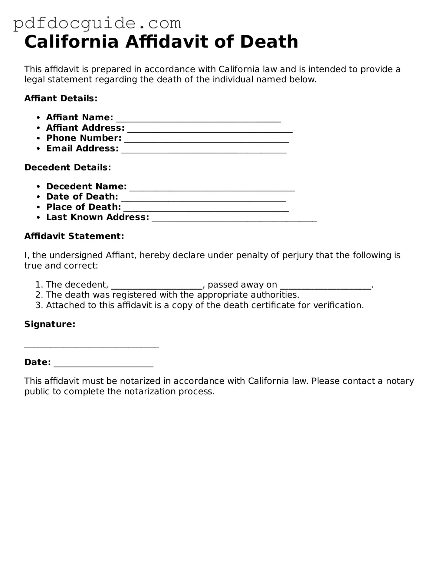 Valid  Affidavit of Death Document for California