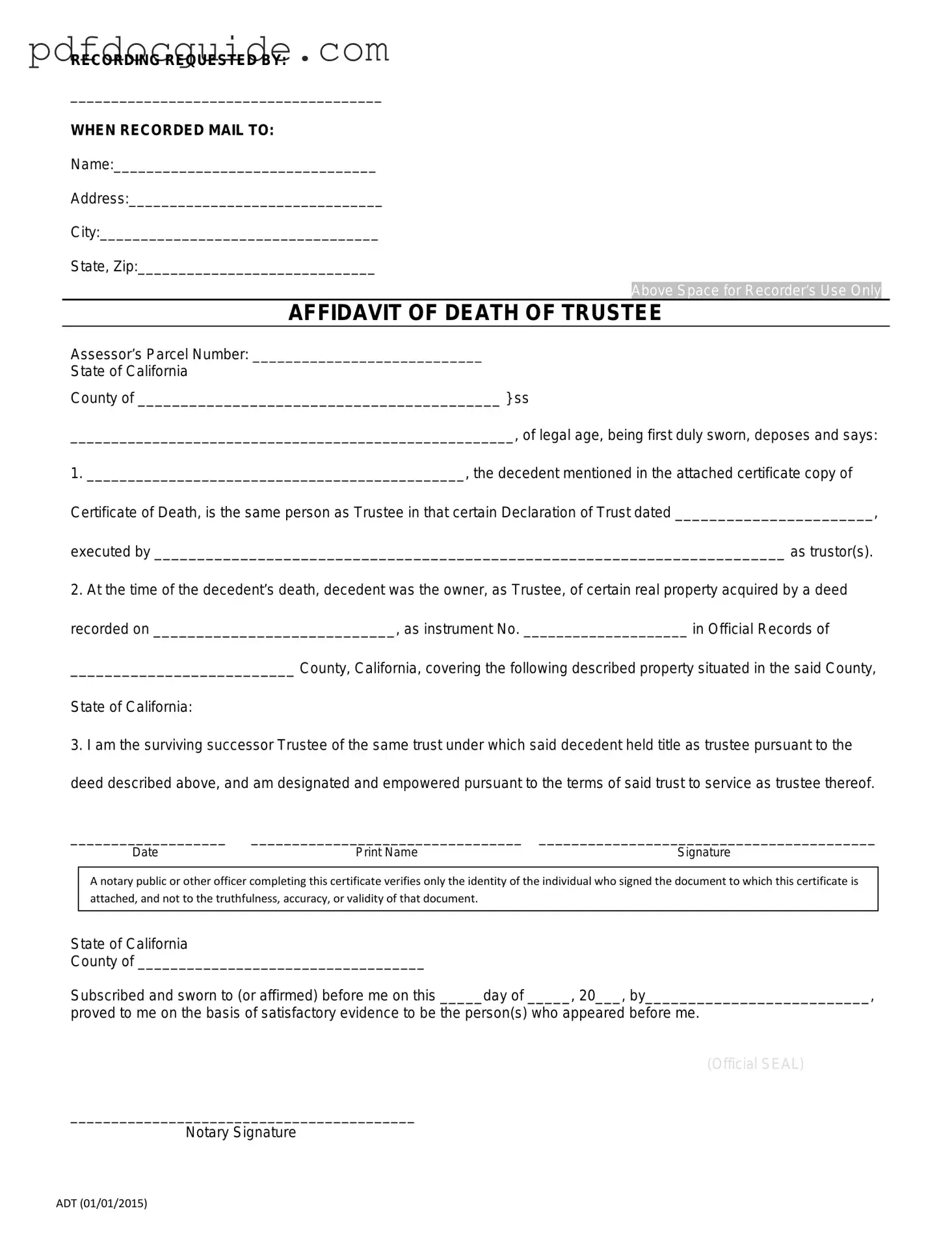 California Affidavit of Death of a Trustee Form