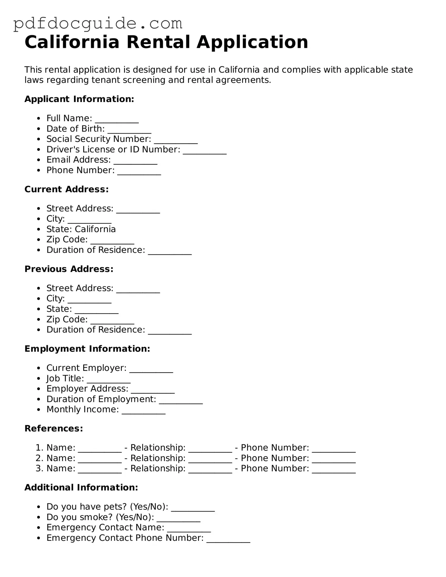 Valid  Rental Application Document for California