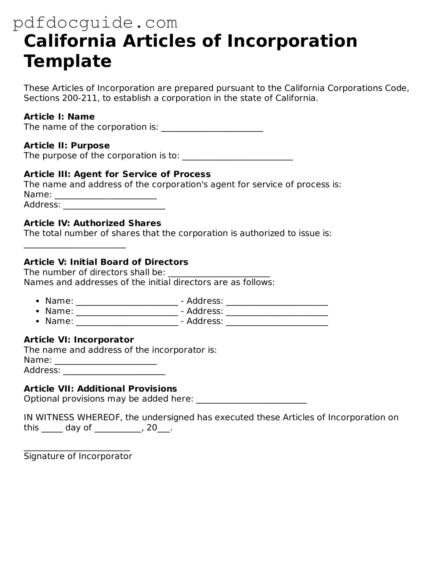 Valid  Articles of Incorporation Document for California