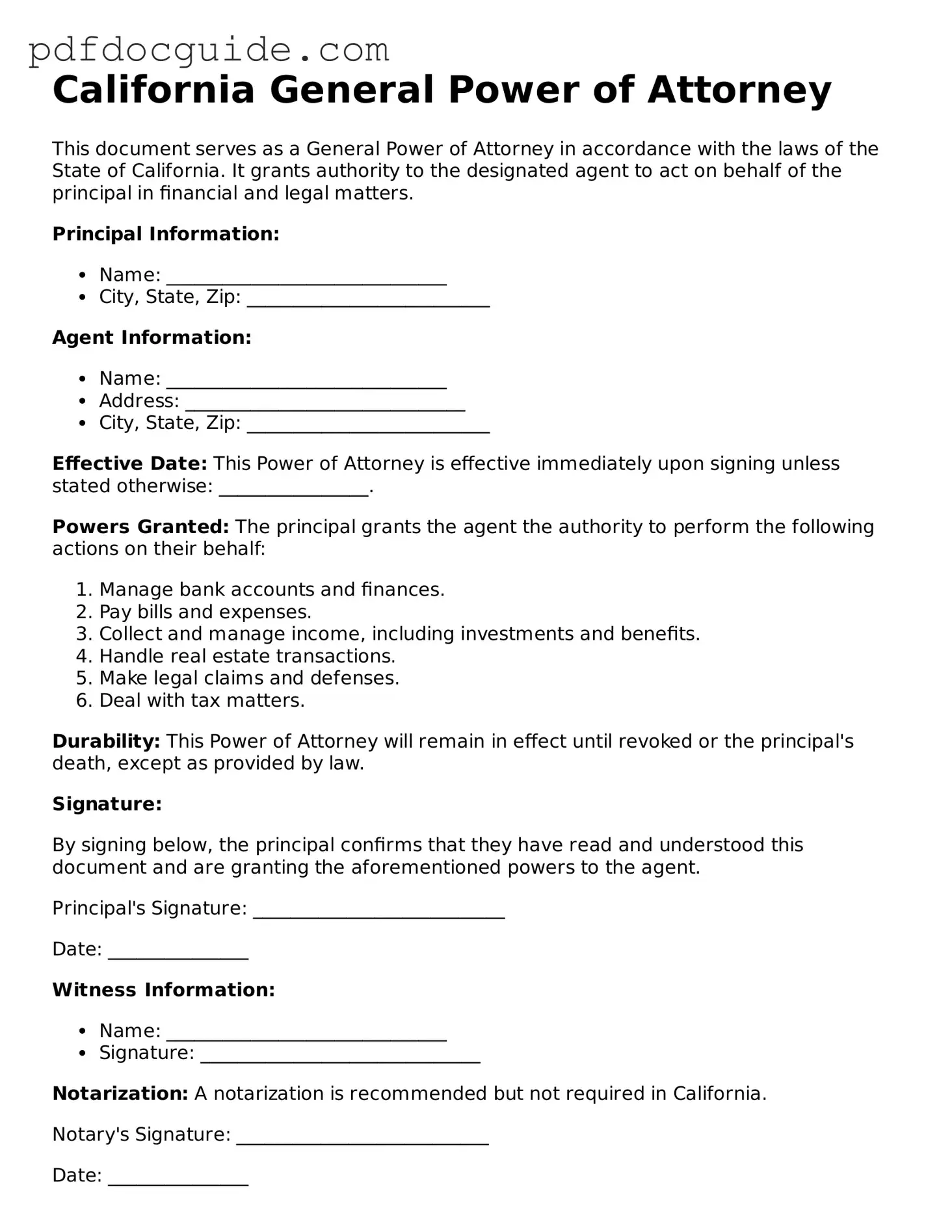 Valid  General Power of Attorney Document for California