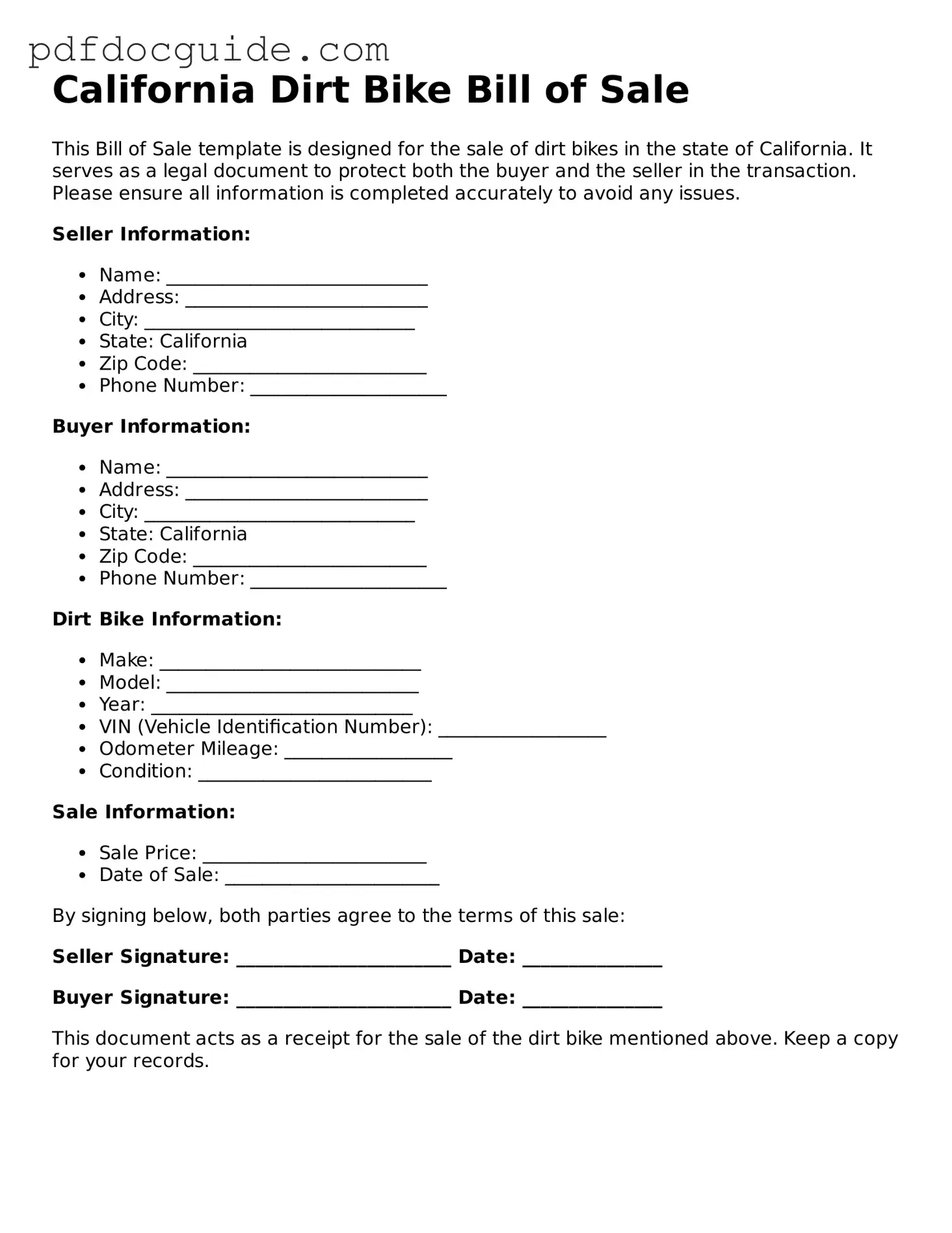 Valid  Dirt Bike Bill of Sale Document for California