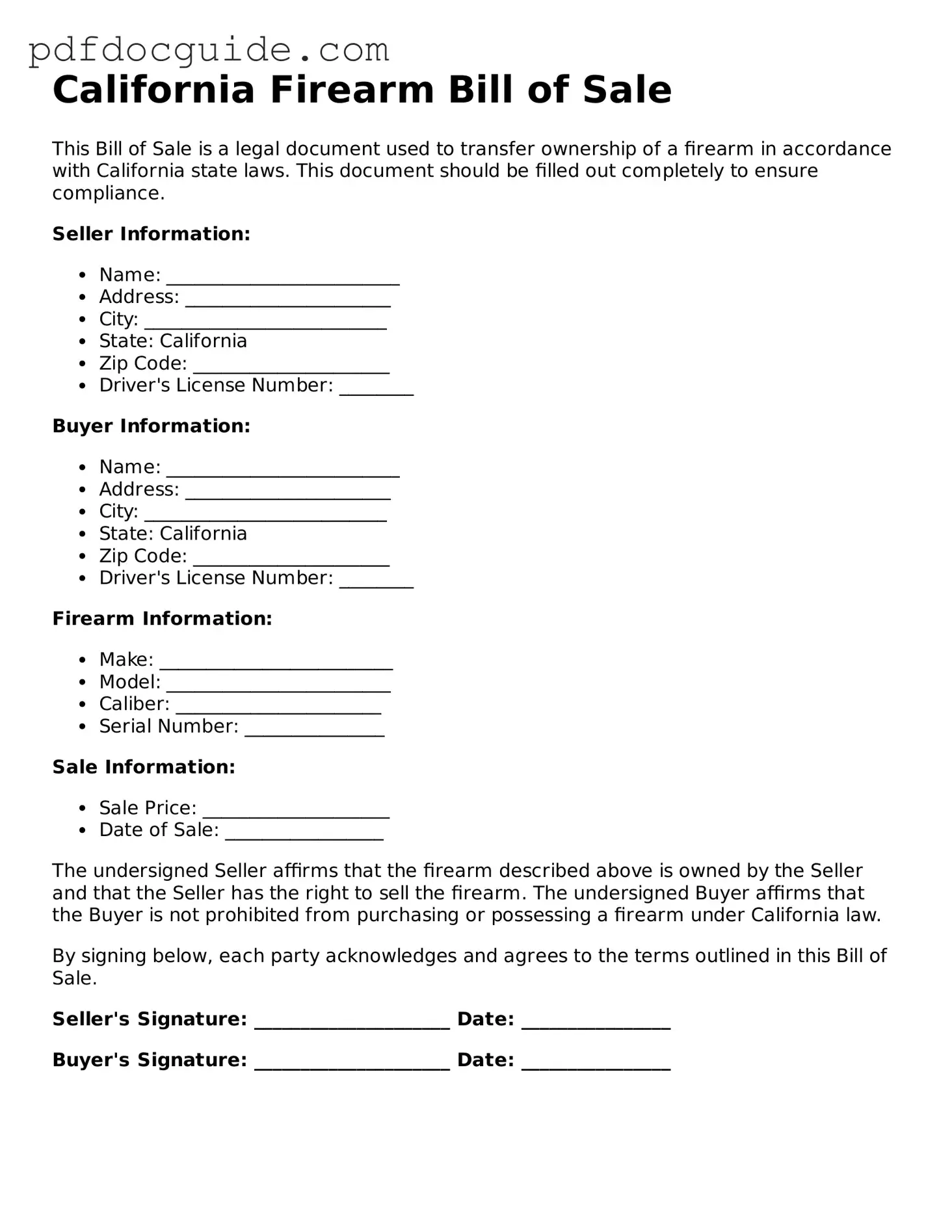 Valid  Firearm Bill of Sale Document for California