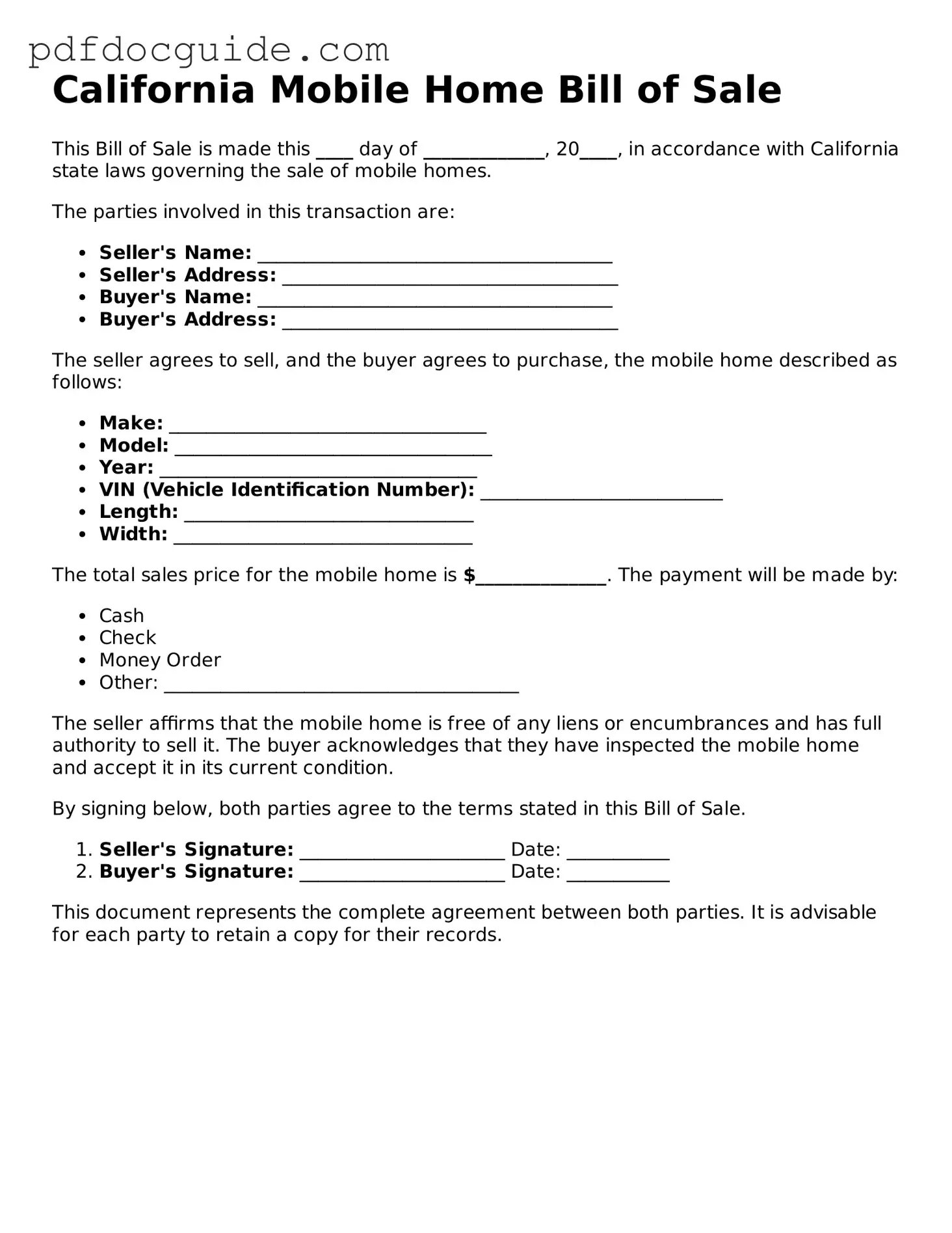 Valid  Mobile Home Bill of Sale Document for California