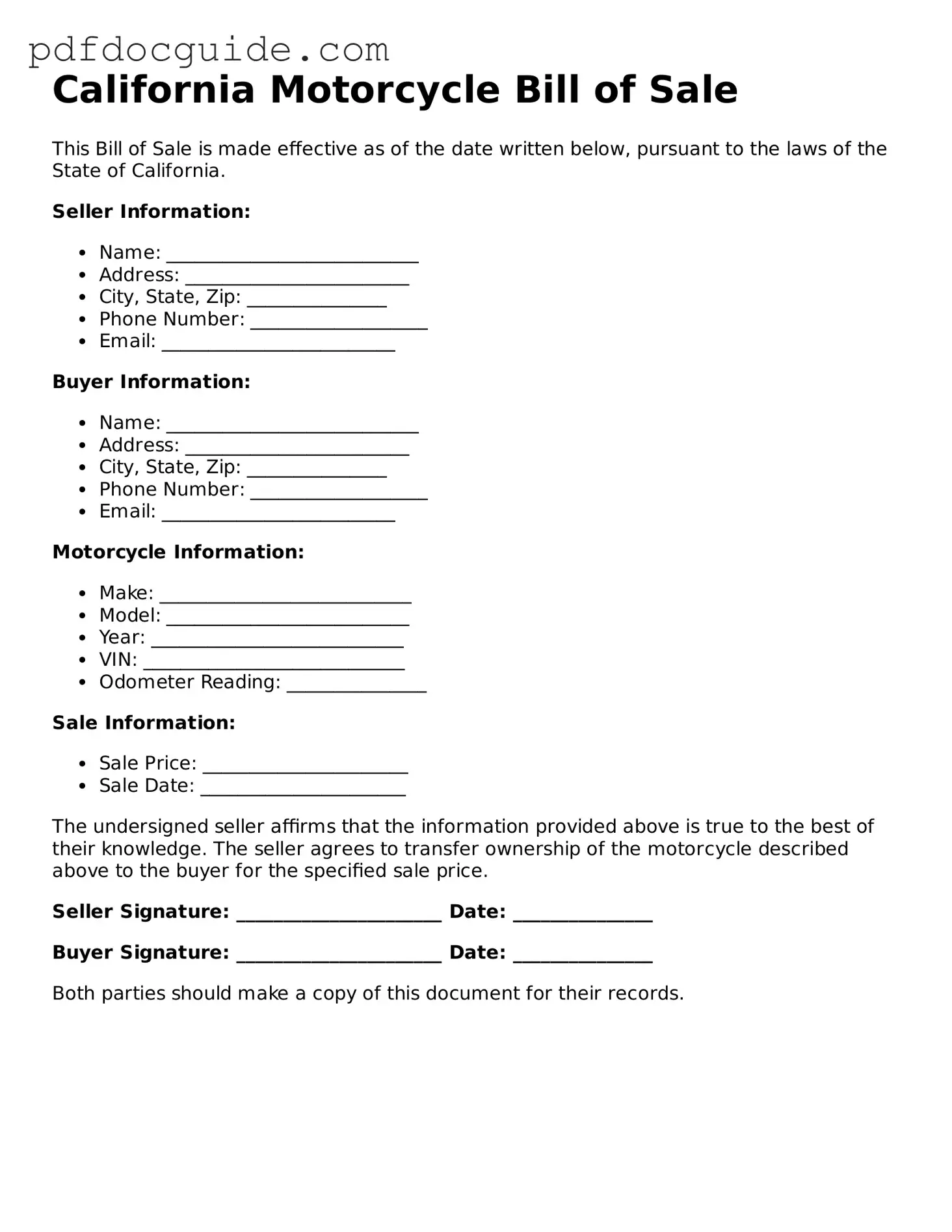 Valid  Motorcycle Bill of Sale Document for California