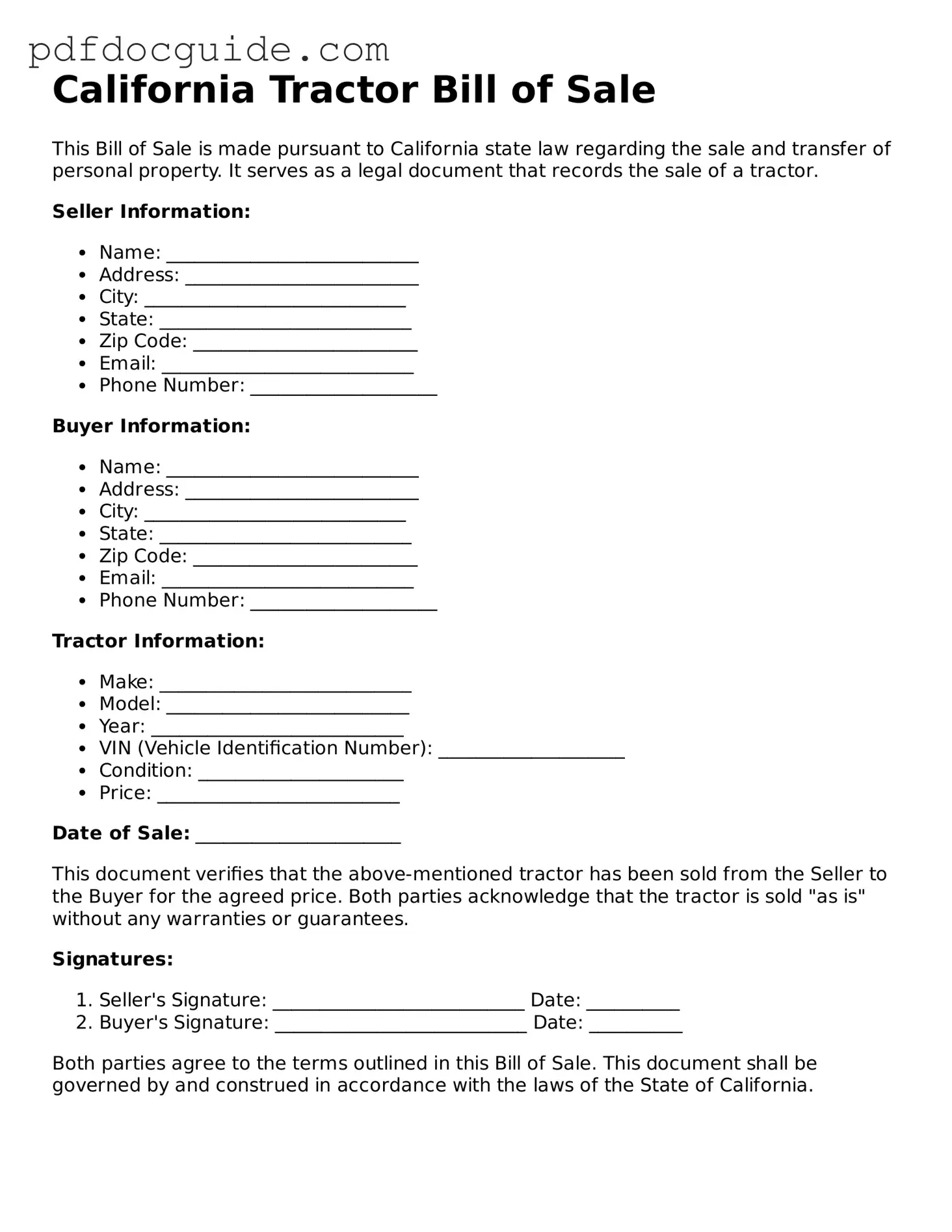 Valid  Tractor Bill of Sale Document for California