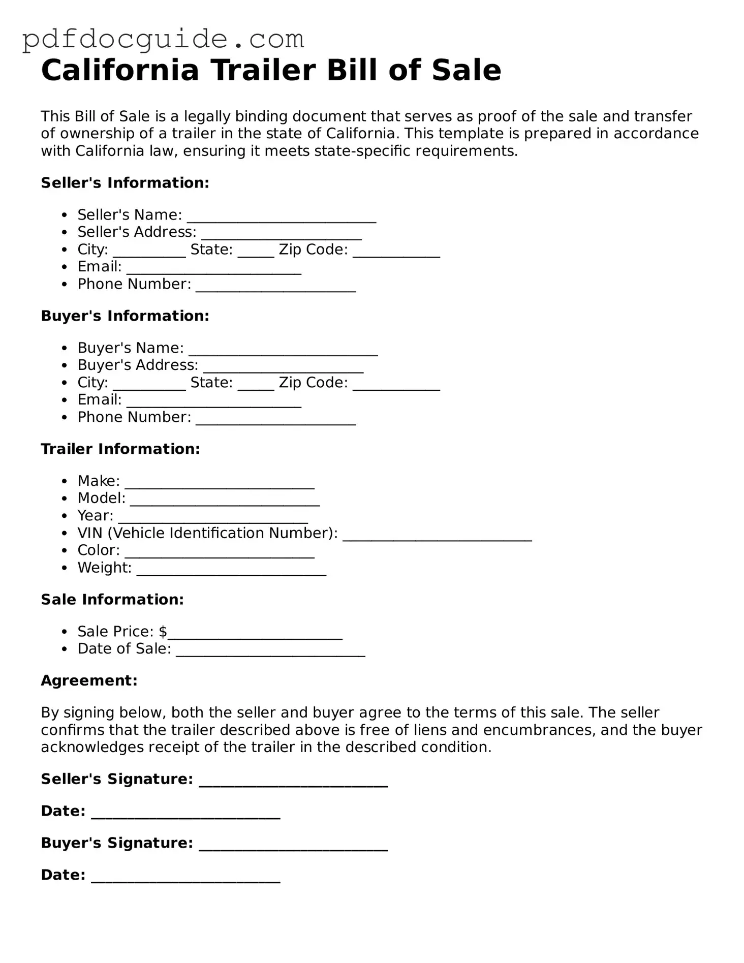 Valid  Trailer Bill of Sale Document for California