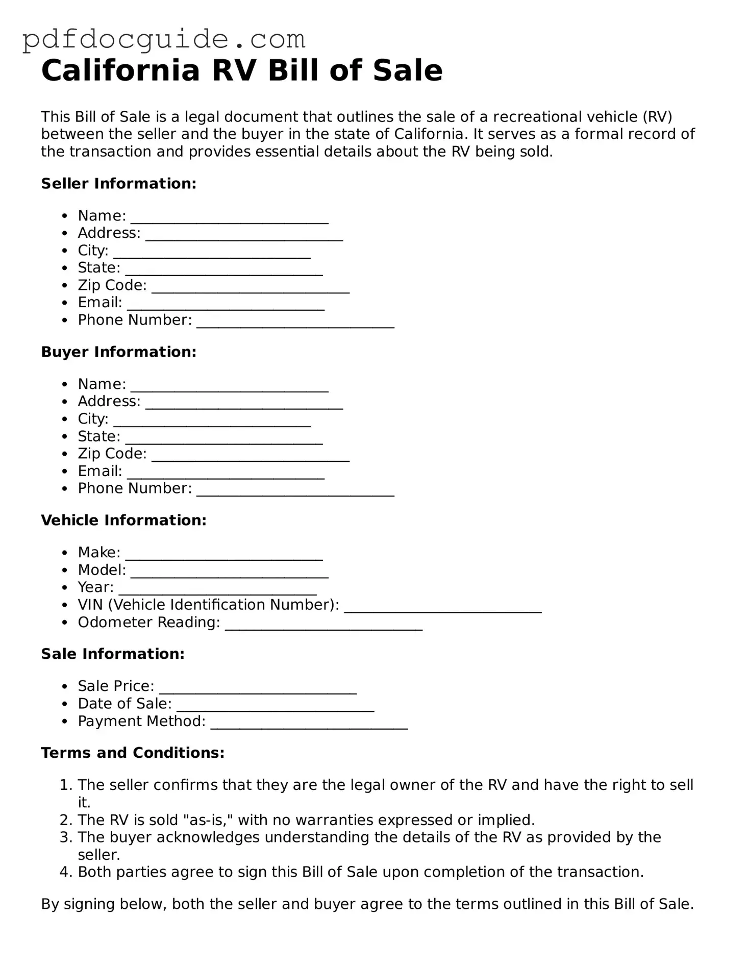 Valid  RV Bill of Sale Document for California