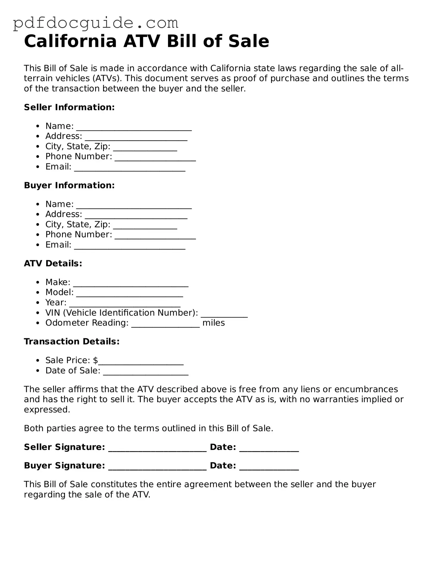 Valid  ATV Bill of Sale Document for California