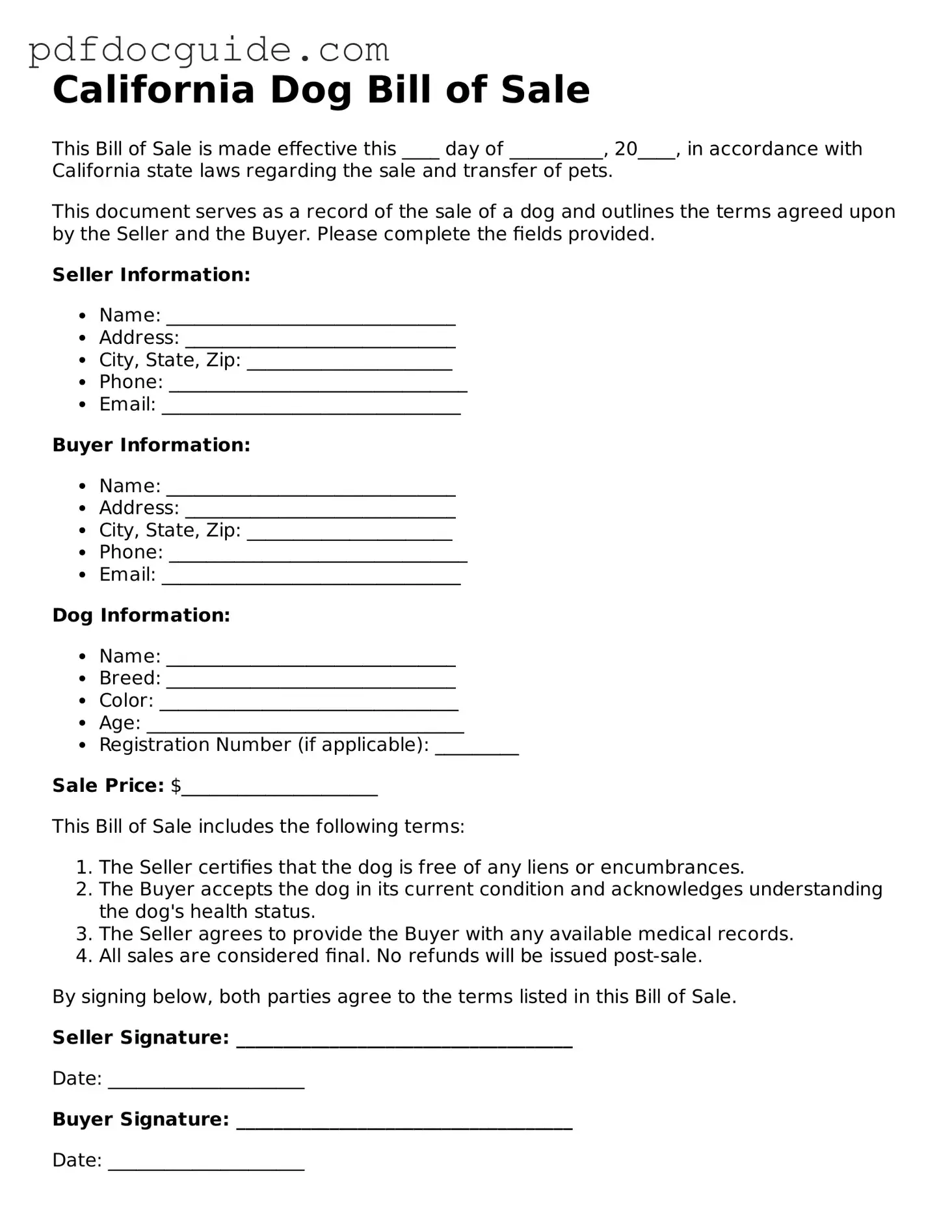 Valid  Dog Bill of Sale Document for California
