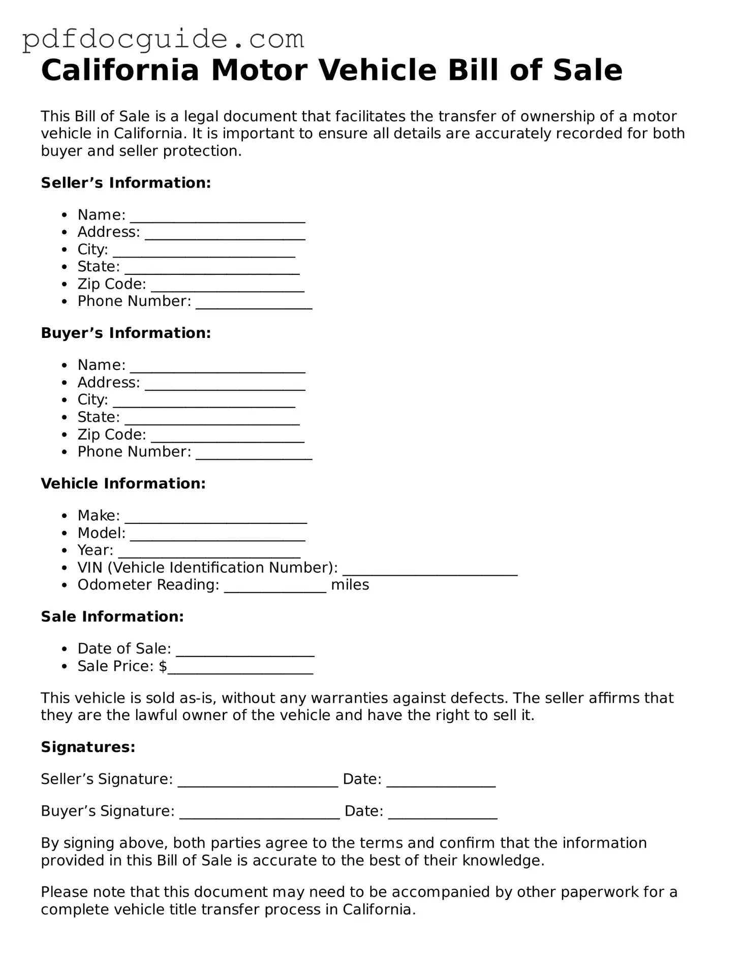 Valid  Motor Vehicle Bill of Sale Document for California