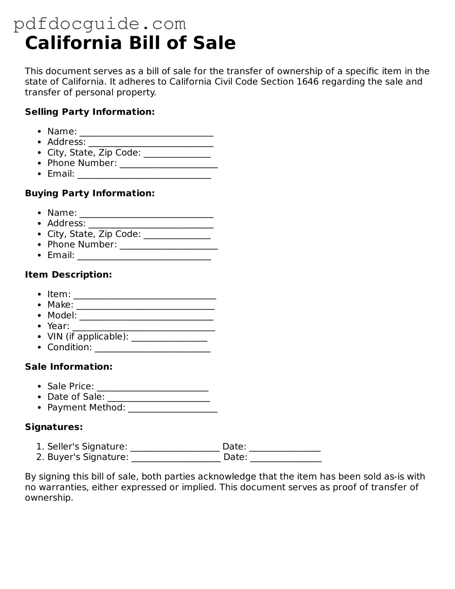 Valid  Bill of Sale Document for California