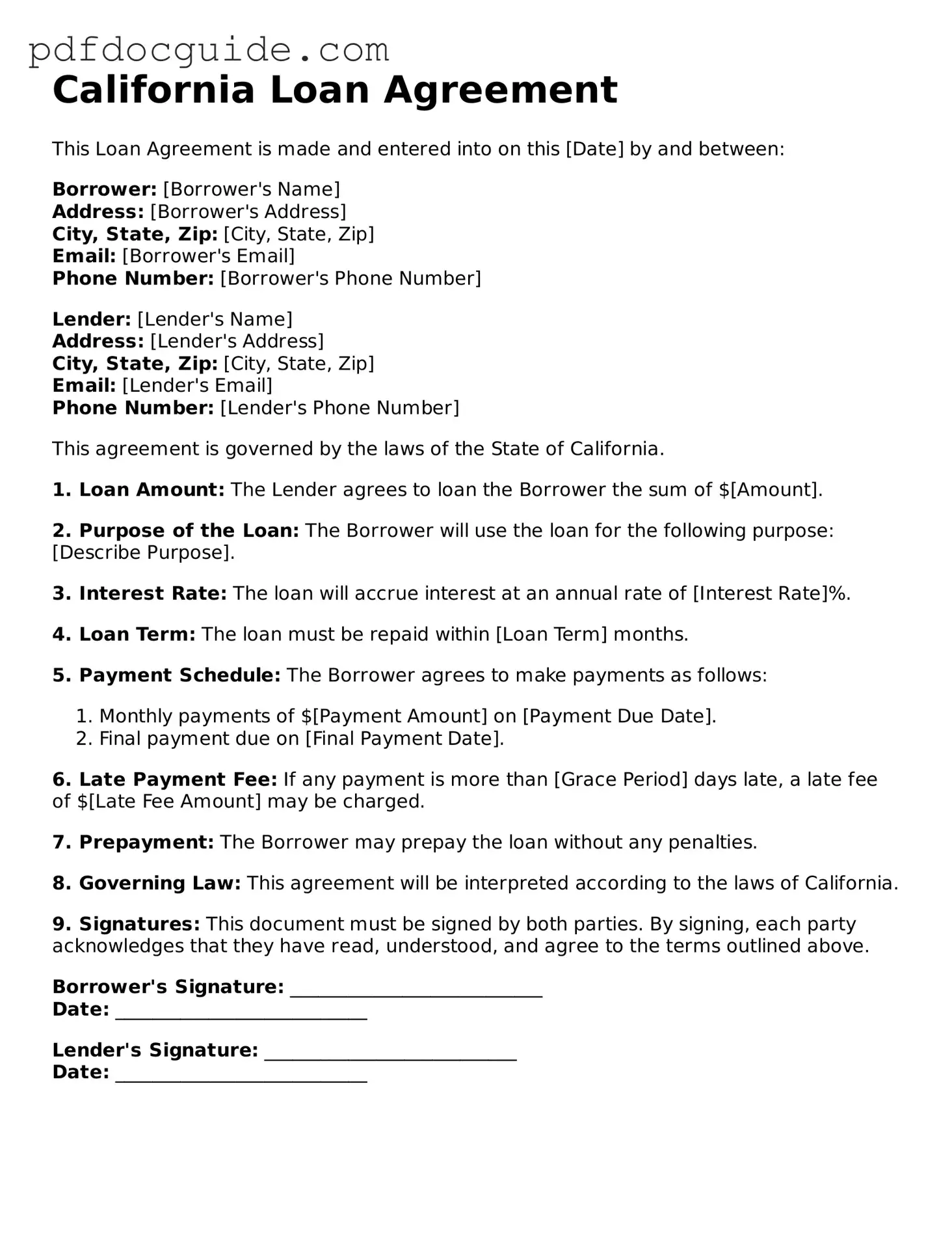 Valid  Loan Agreement Document for California