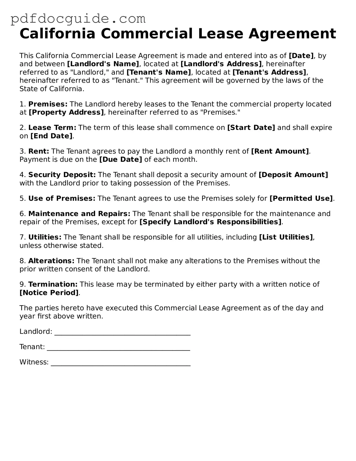 Valid  Commercial Lease Agreement Document for California