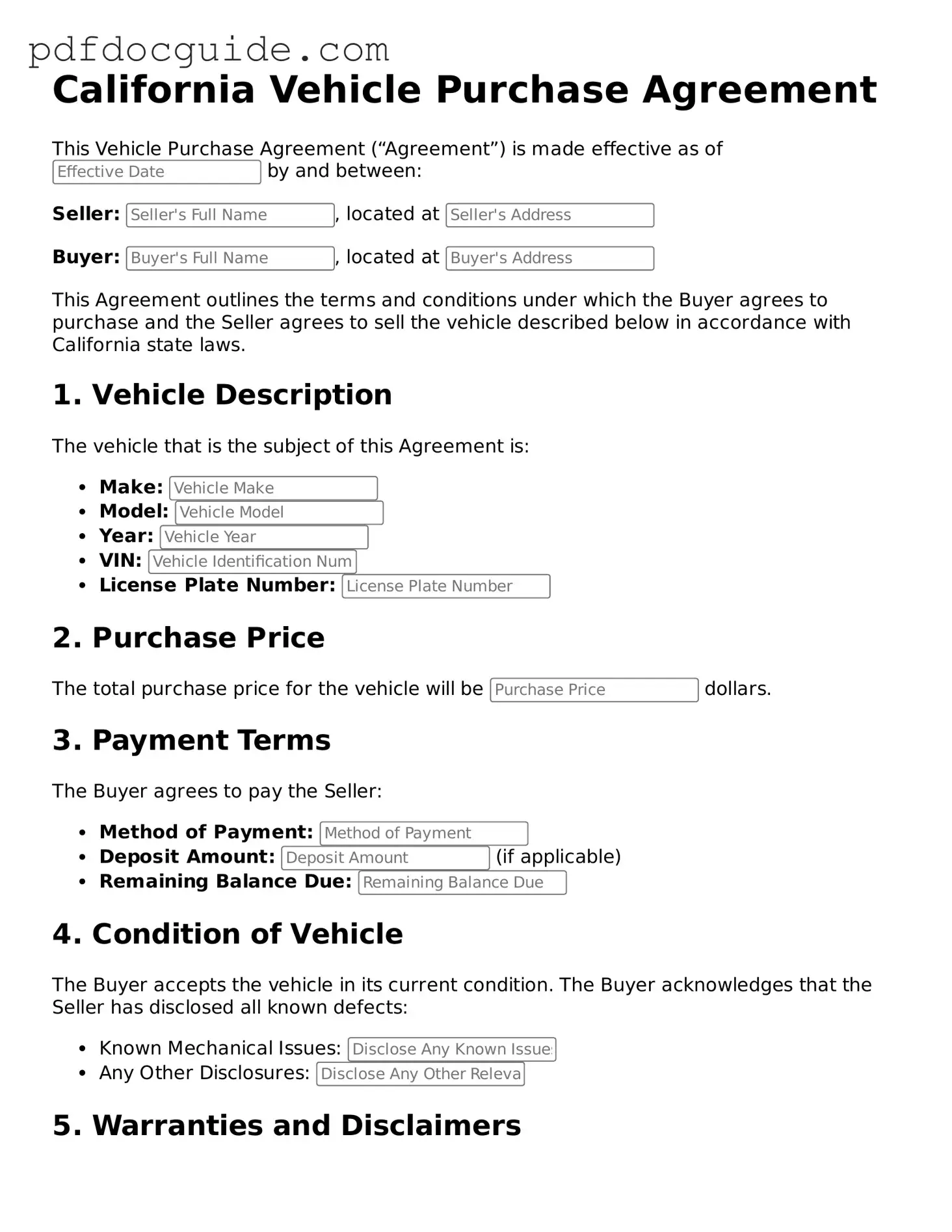 Valid  Vehicle Purchase Agreement Document for California