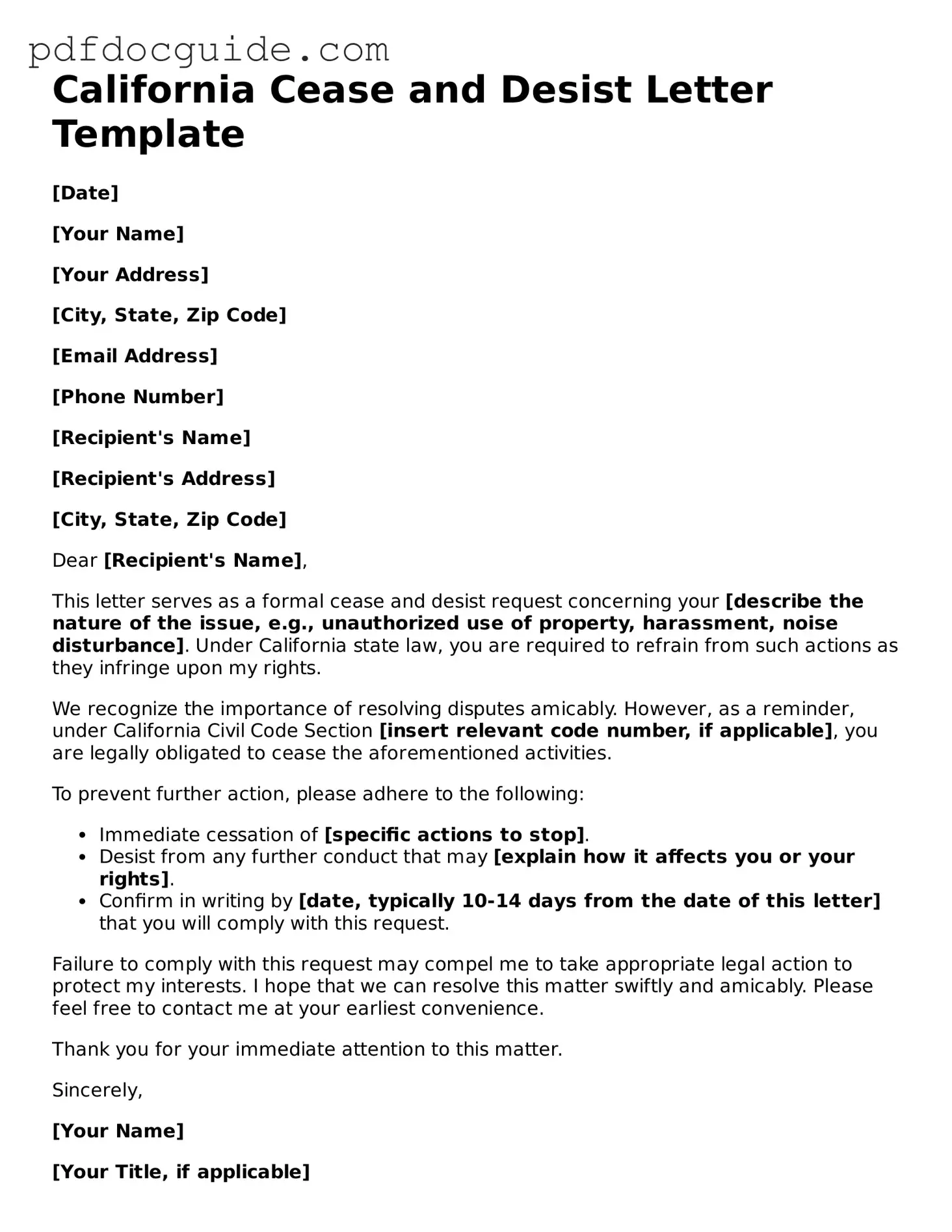 Valid  Cease and Desist Letter Document for California