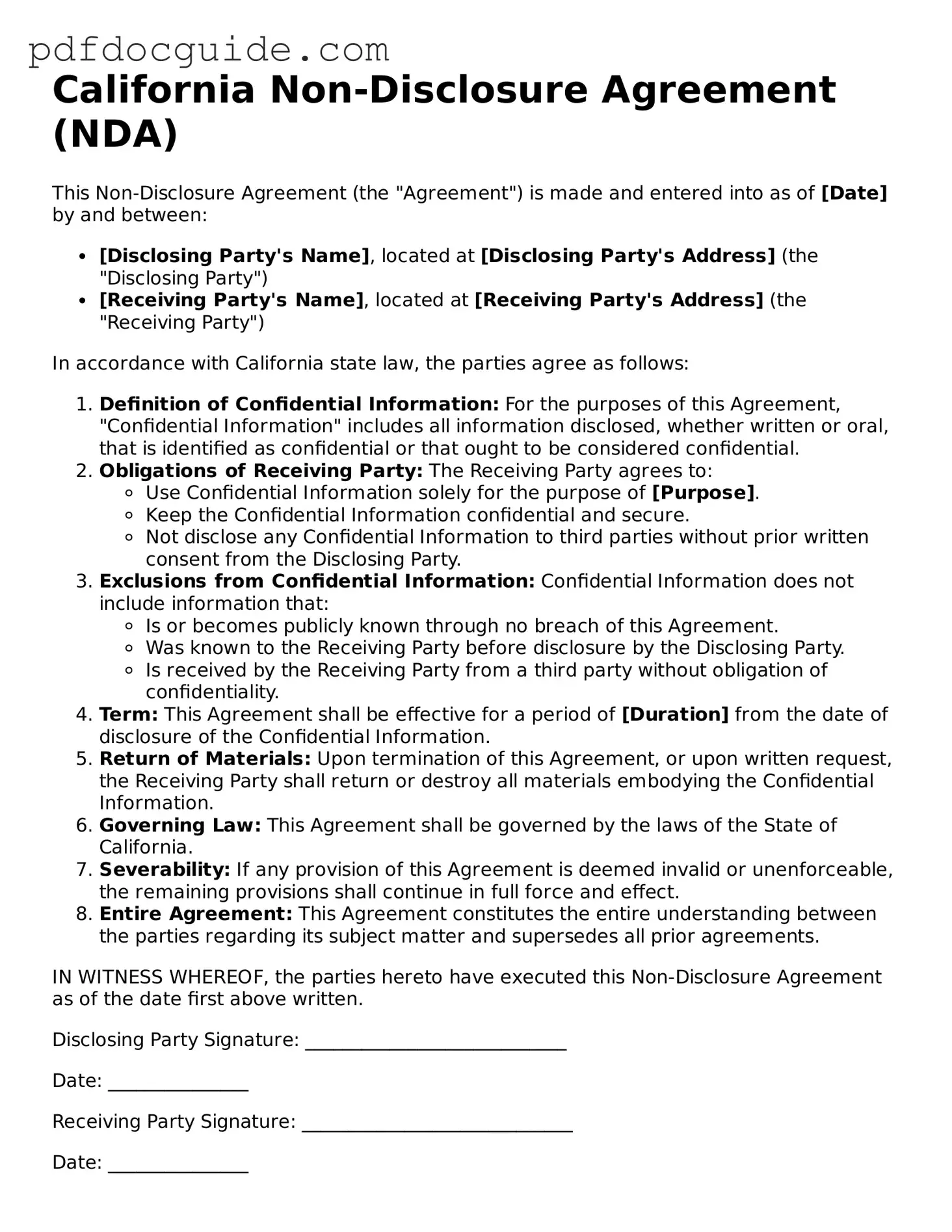 Valid  Non-disclosure Agreement Document for California