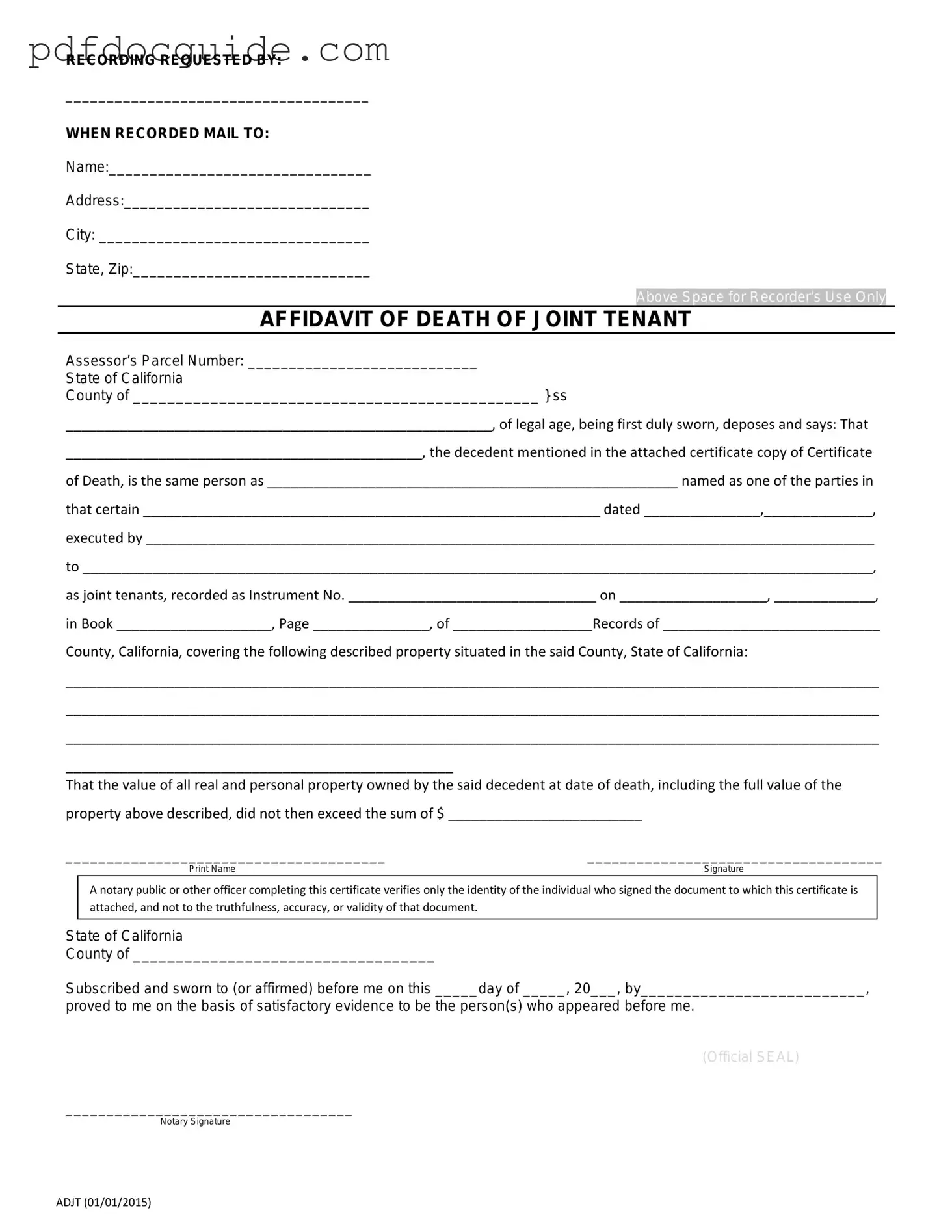 California Death of a Joint Tenant Affidavit Form