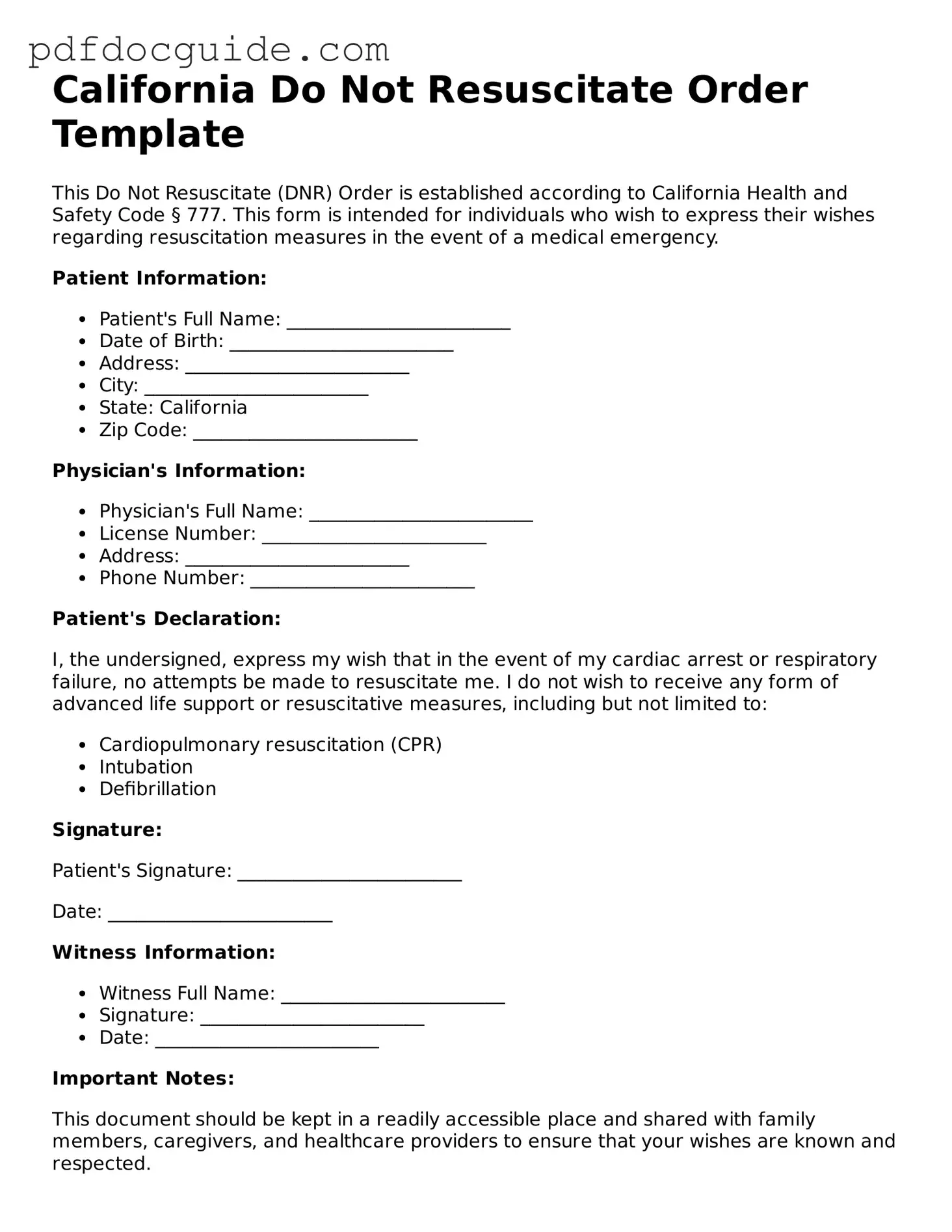 Valid  Do Not Resuscitate Order Document for California
