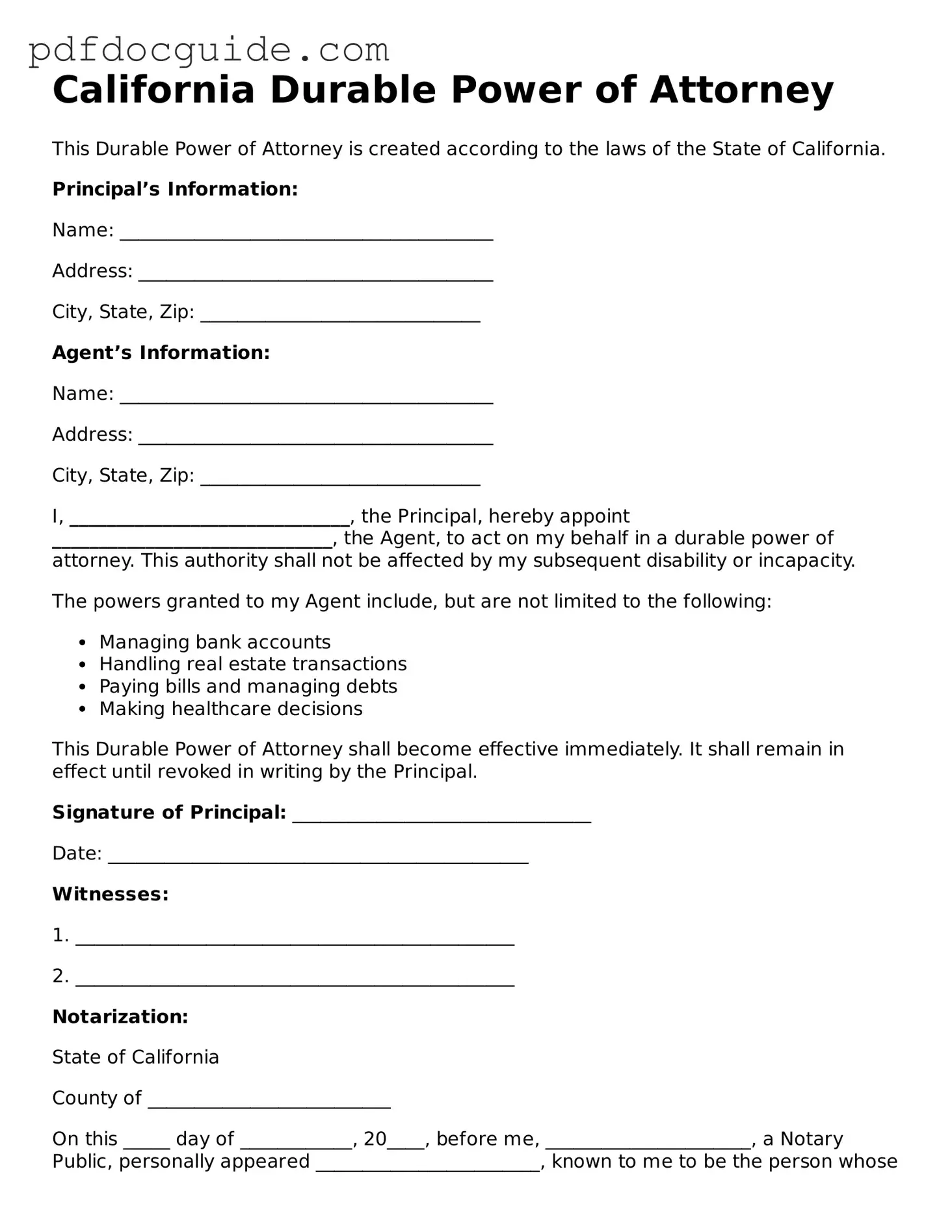 Valid  Durable Power of Attorney Document for California