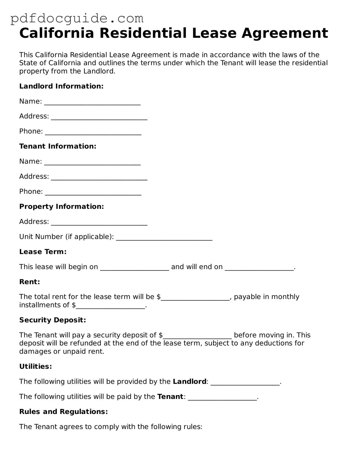 Valid  Residential Lease Agreement Document for California