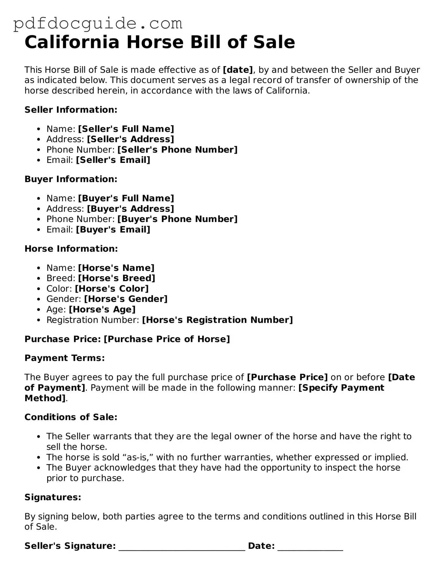 Valid  Horse Bill of Sale Document for California