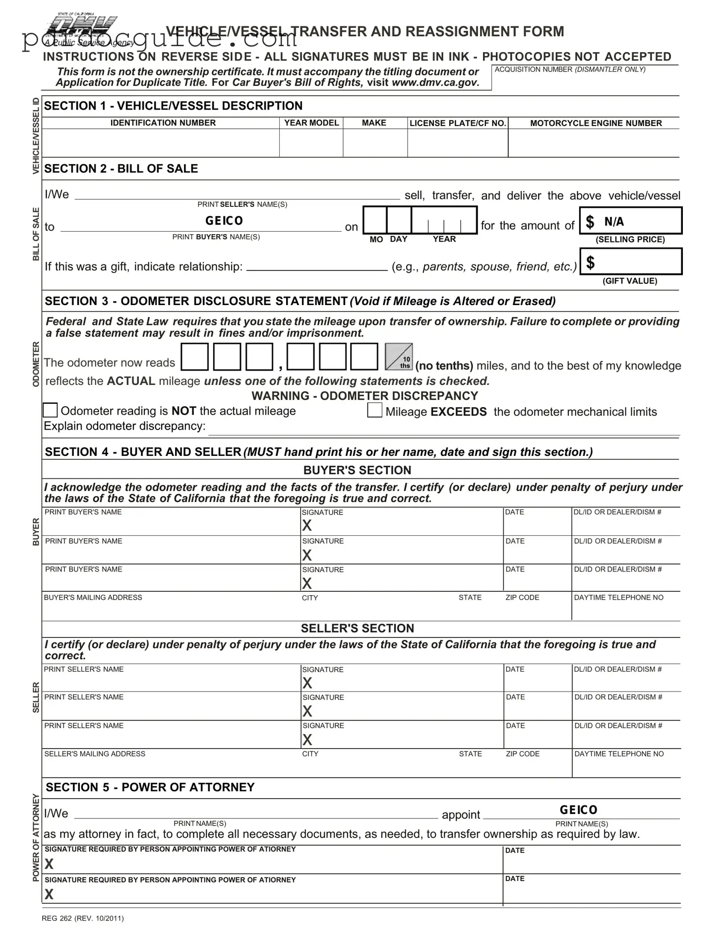 California Fotm Reg 262 Form