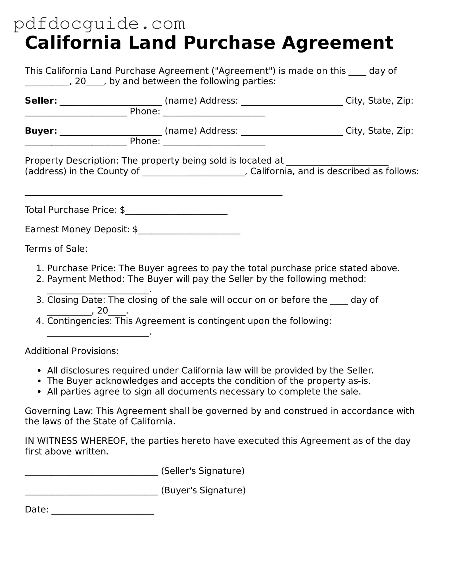 Valid  Land Purchase Agreement Document for California