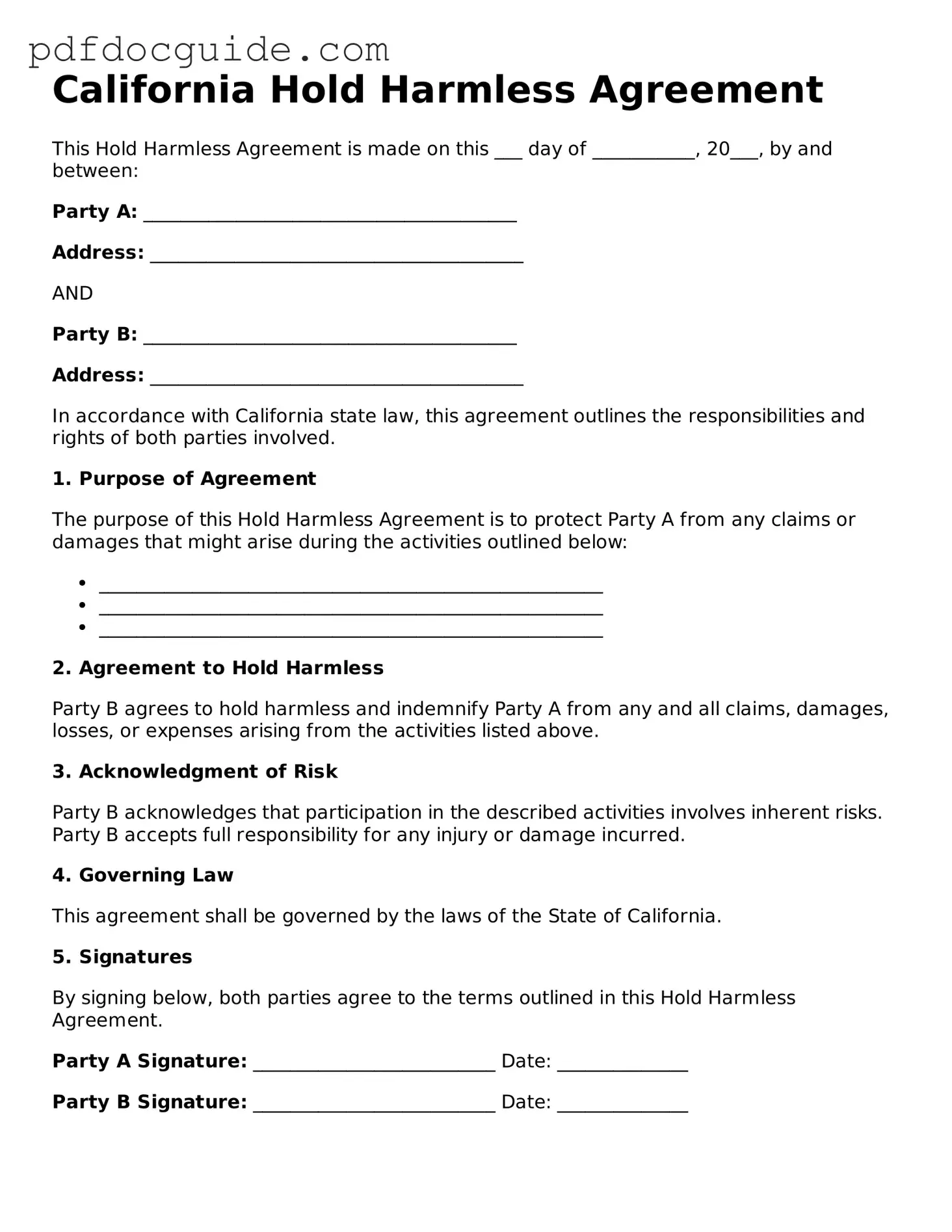 Valid  Hold Harmless Agreement Document for California