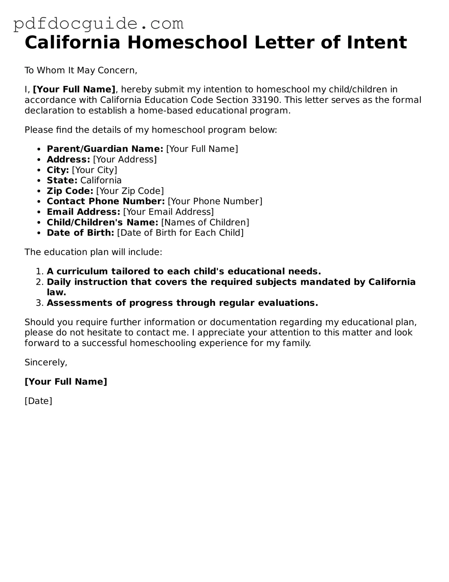 Valid  Homeschool Letter of Intent Document for California