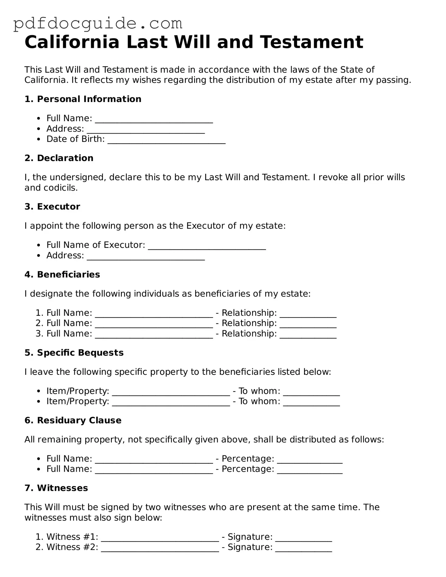 Valid  Last Will and Testament Document for California