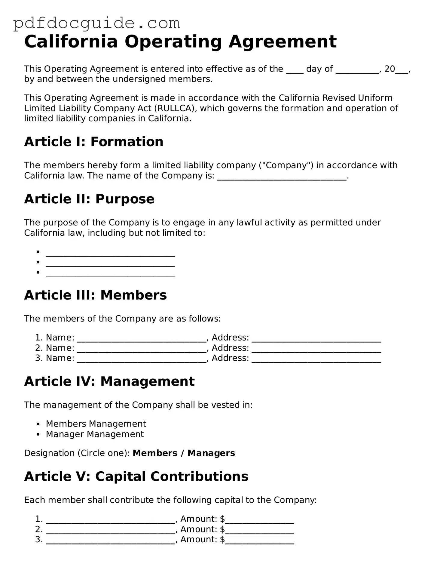 Valid  Operating Agreement Document for California