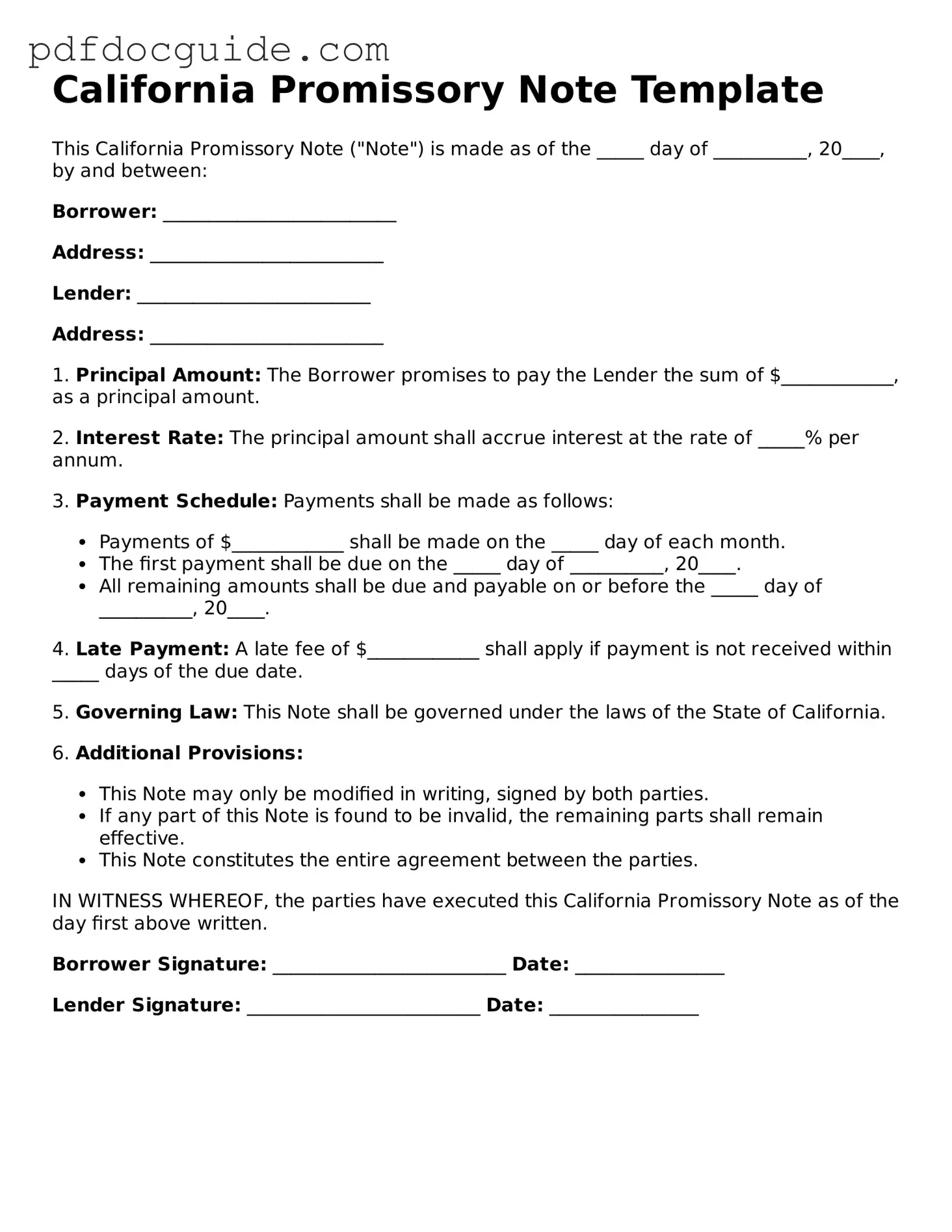 Valid  Promissory Note Document for California